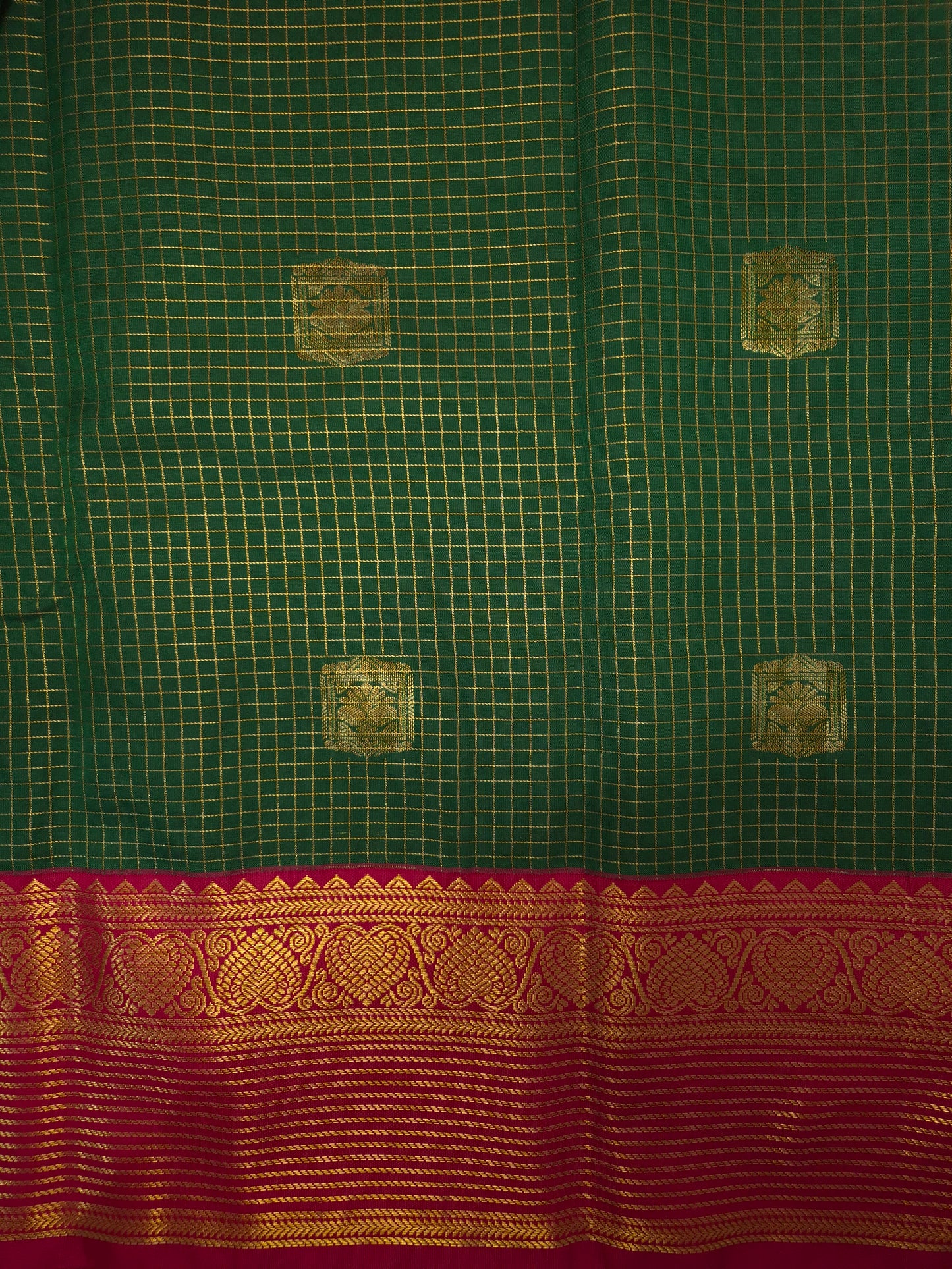 Dark Green Kanchipuram Semi Silk Saree with Checks allover with Dark Pink Border