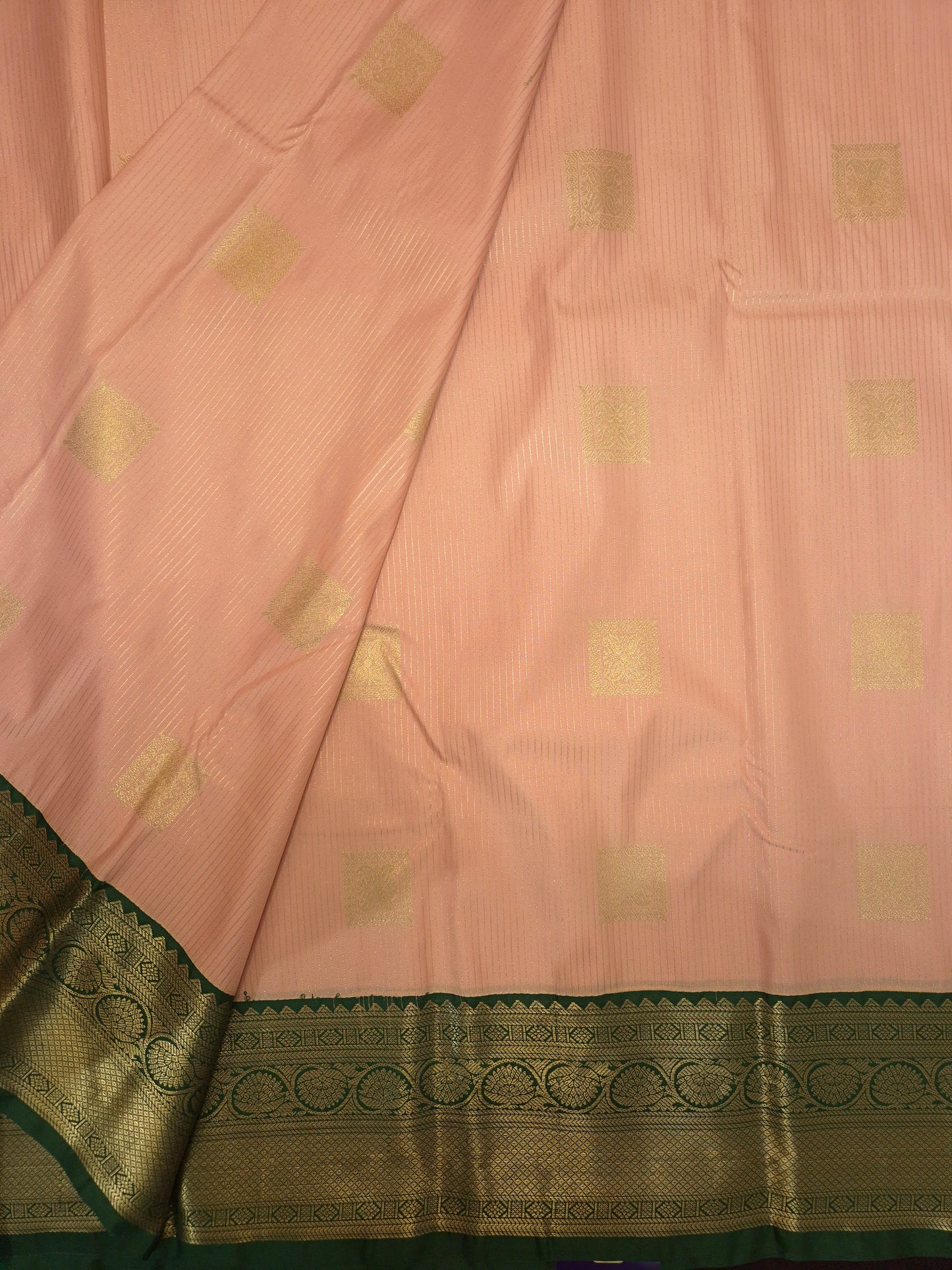 Light Pink Kanchipuram Semi Silk Saree with Dark Green Border