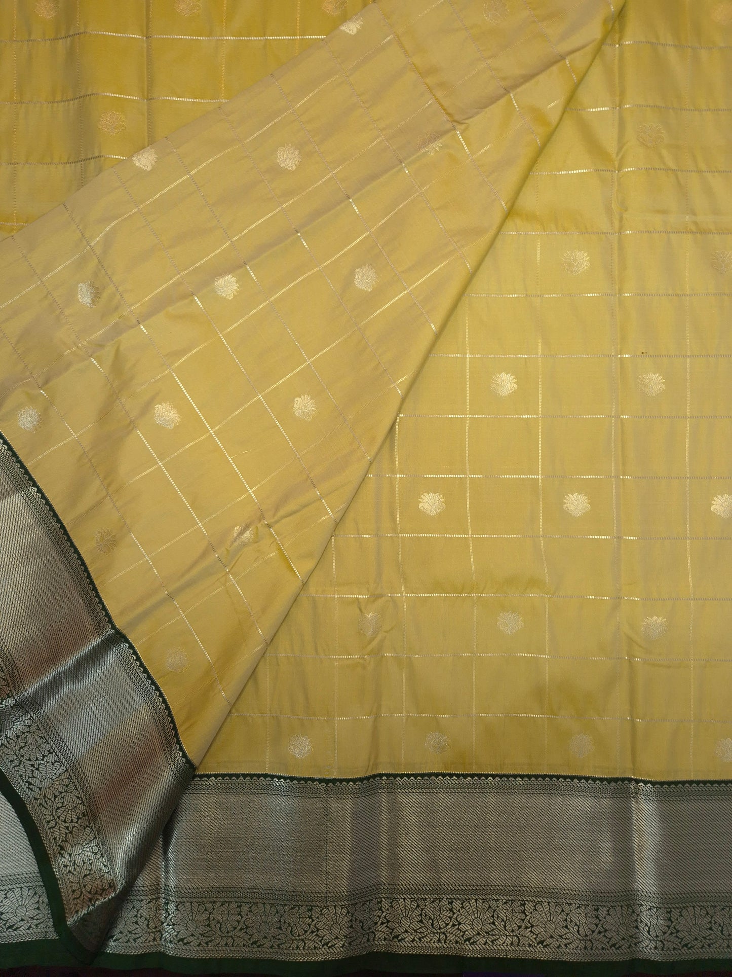 Beige Checkered Kanchipuram Semi Silk Saree with Dark Green Border