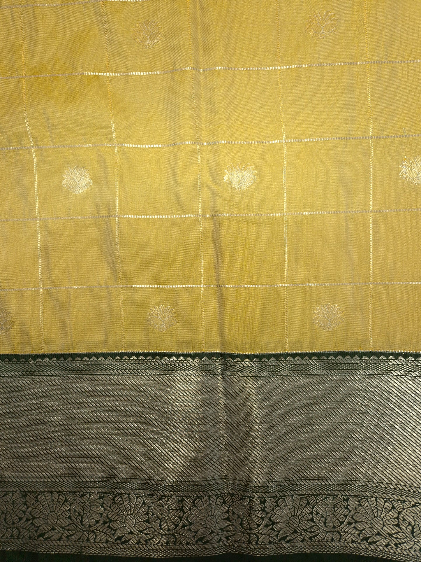 Beige Checkered Kanchipuram Semi Silk Saree with Dark Green Border