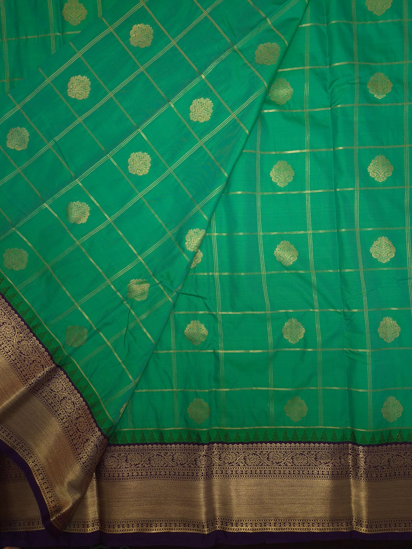 Rama Green Checkered Kanchipuram Semi Silk Saree with Purple Border
