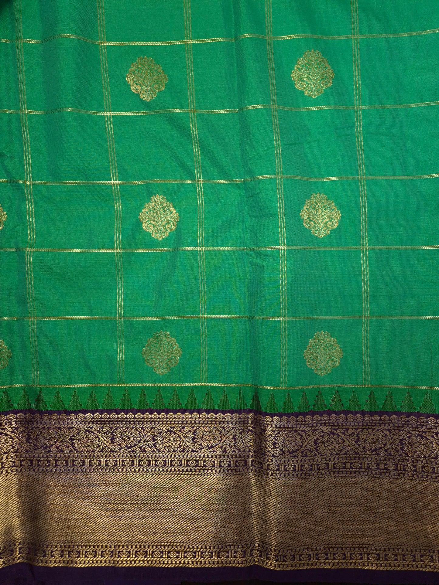 Rama Green Checkered Kanchipuram Semi Silk Saree with Purple Border
