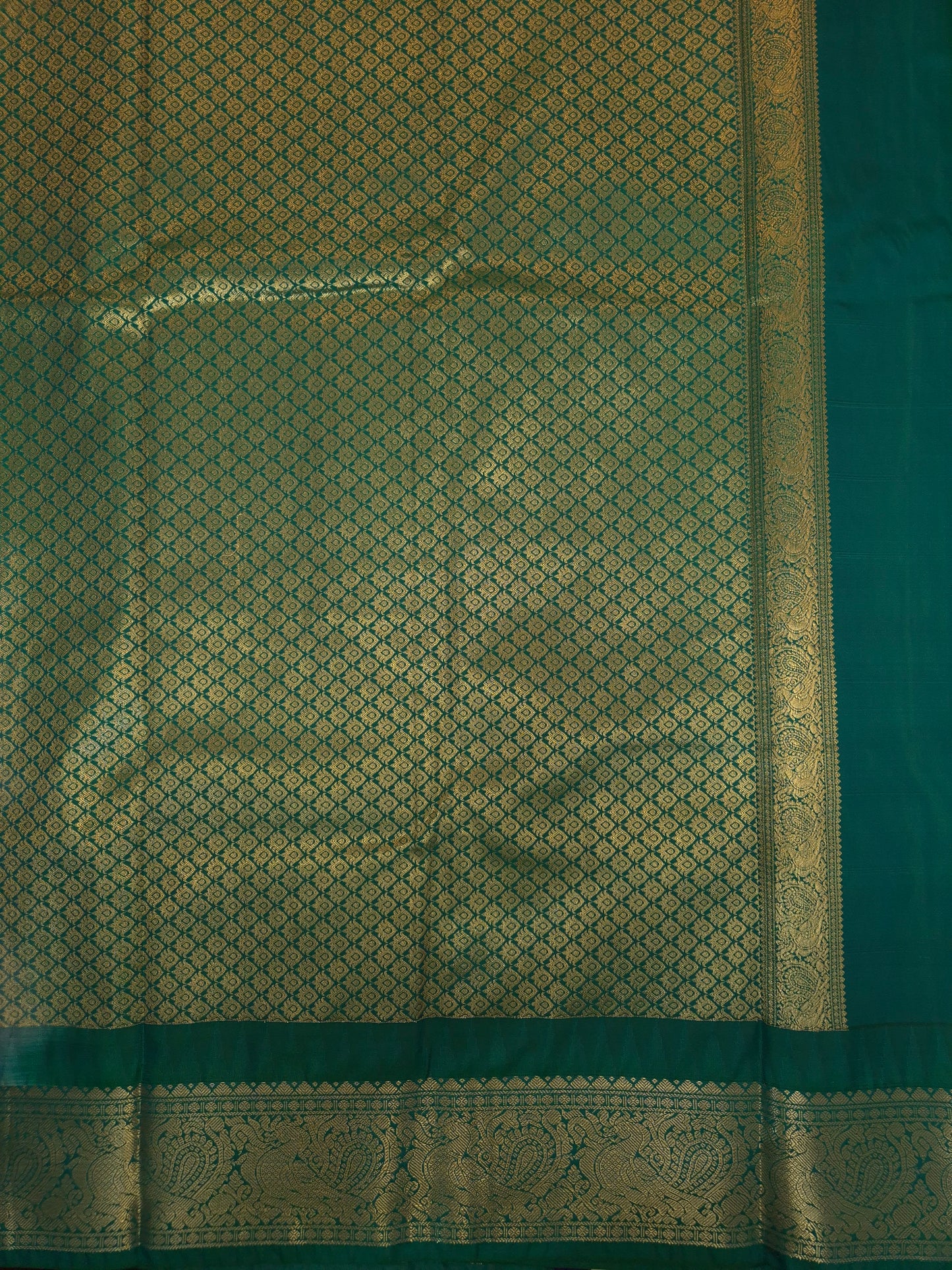 Beige Checkered Kanchipuram Semi Silk Saree with Peacock Green Border