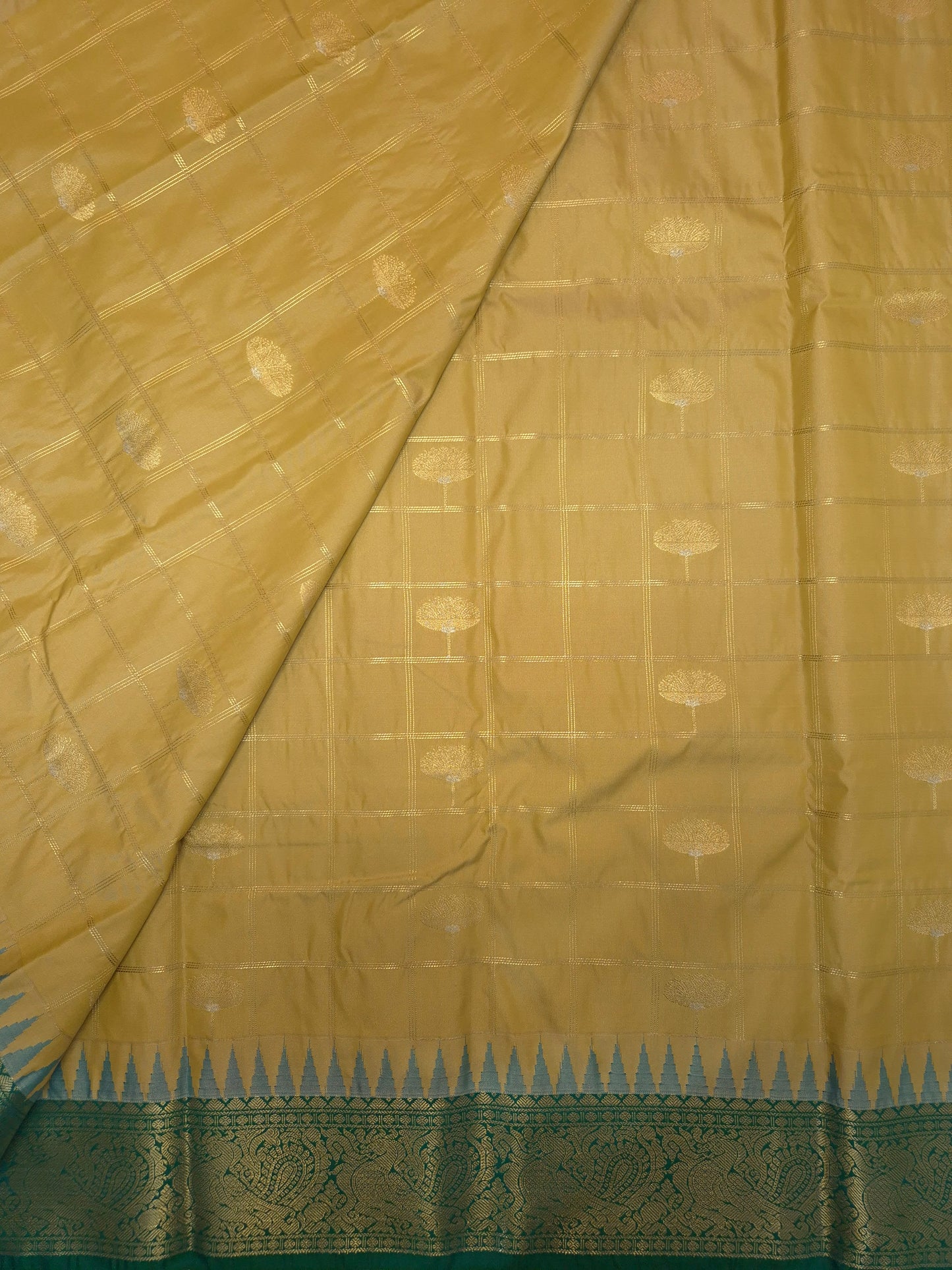 Beige Checkered Kanchipuram Semi Silk Saree with Peacock Green Border