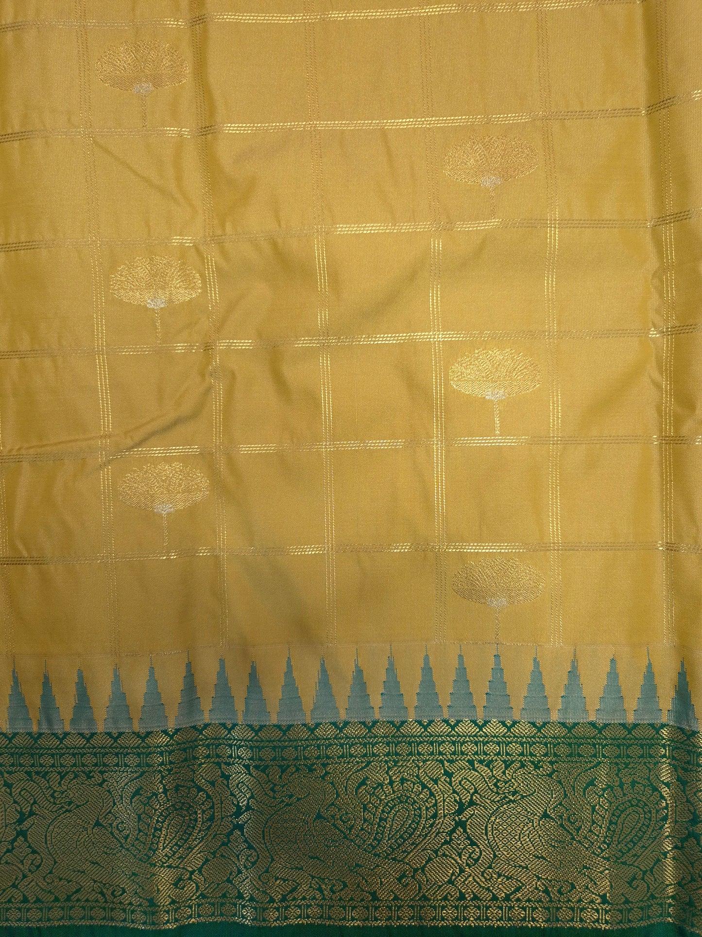 Beige Checkered Kanchipuram Semi Silk Saree with Peacock Green Border