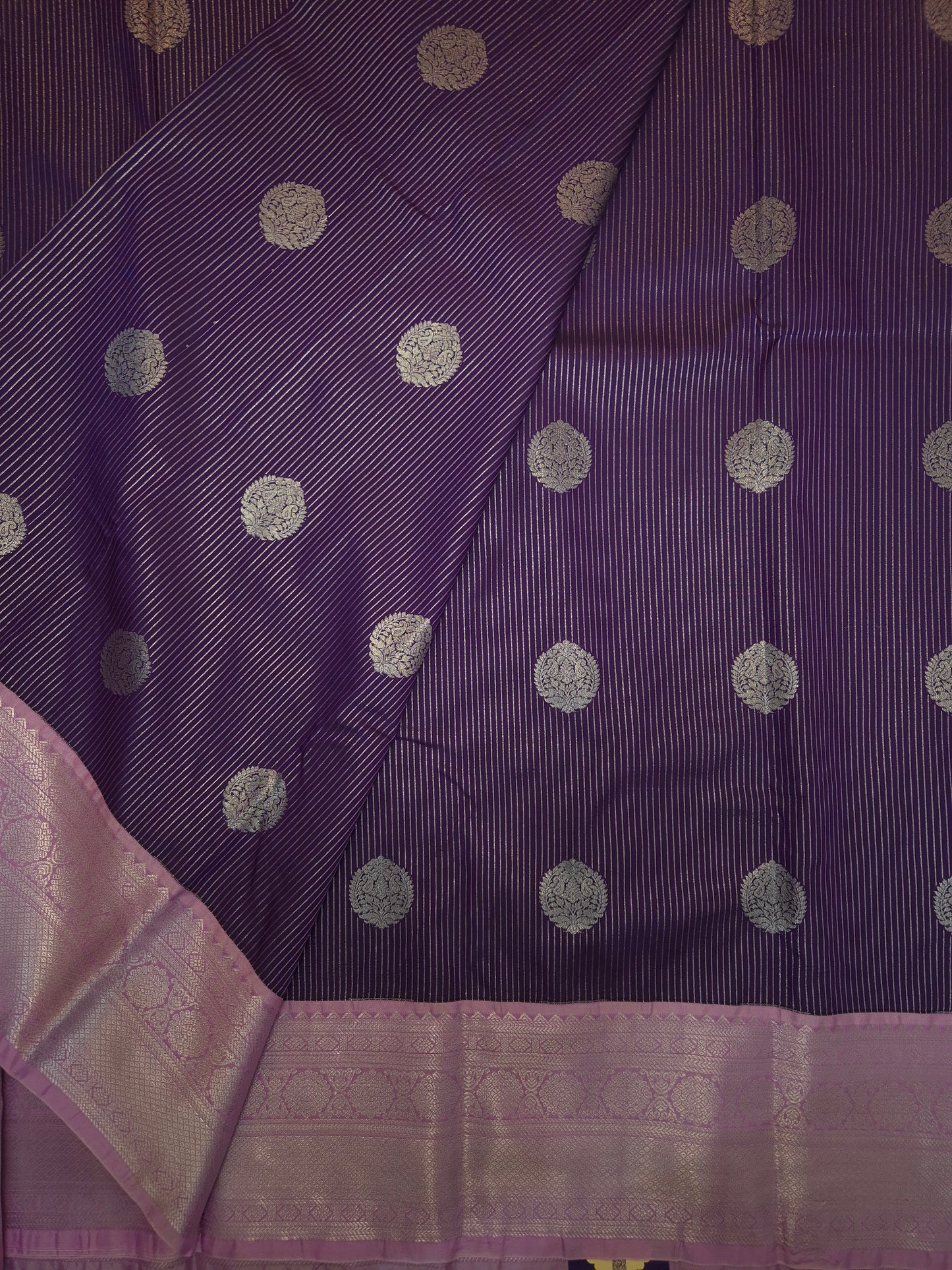 Dark Purple Kanchipuram Semi Silk Saree with allover Silver Zari with Lilac Border