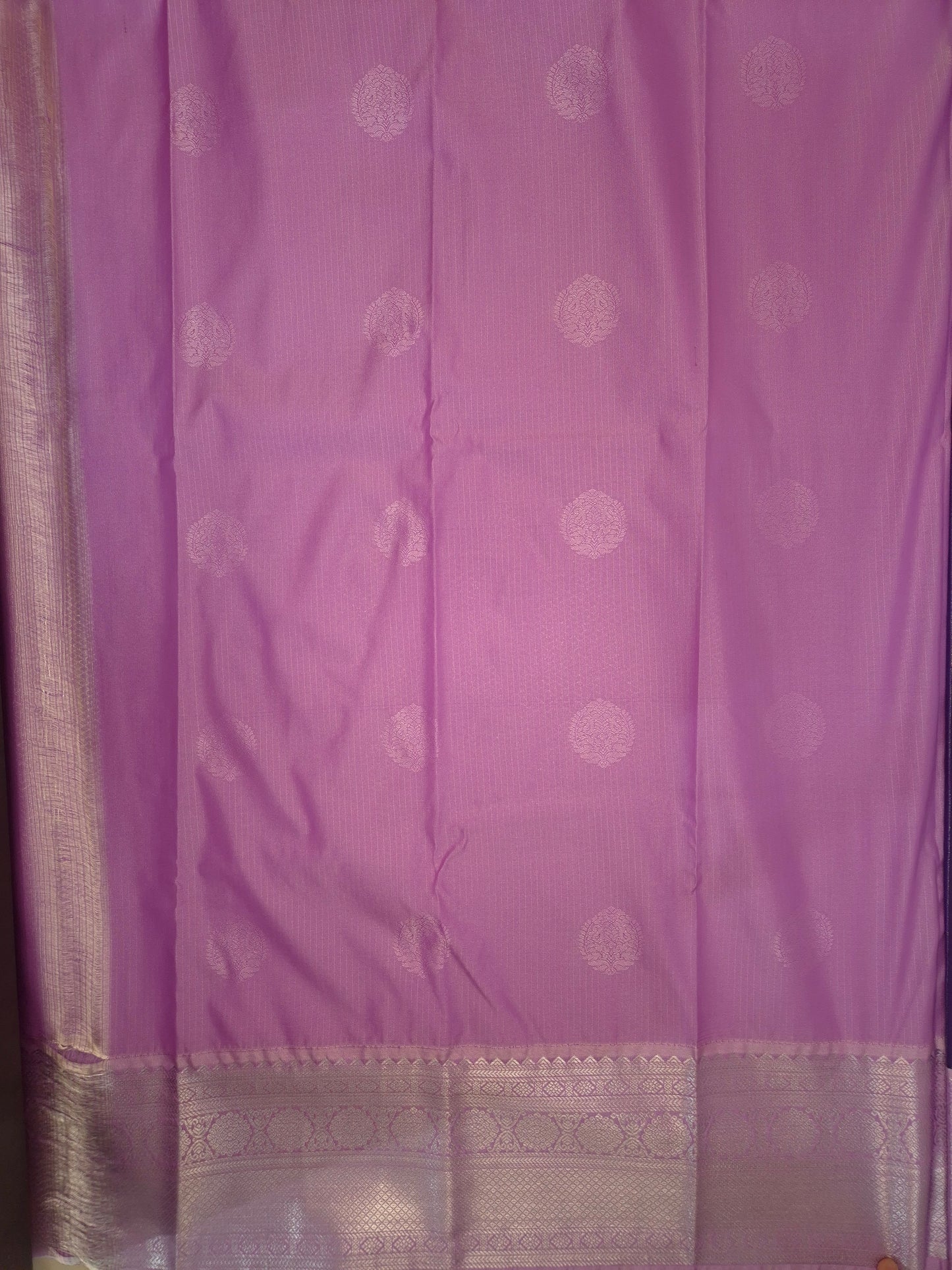 Dark Purple Kanchipuram Semi Silk Saree with allover Silver Zari with Lilac Border