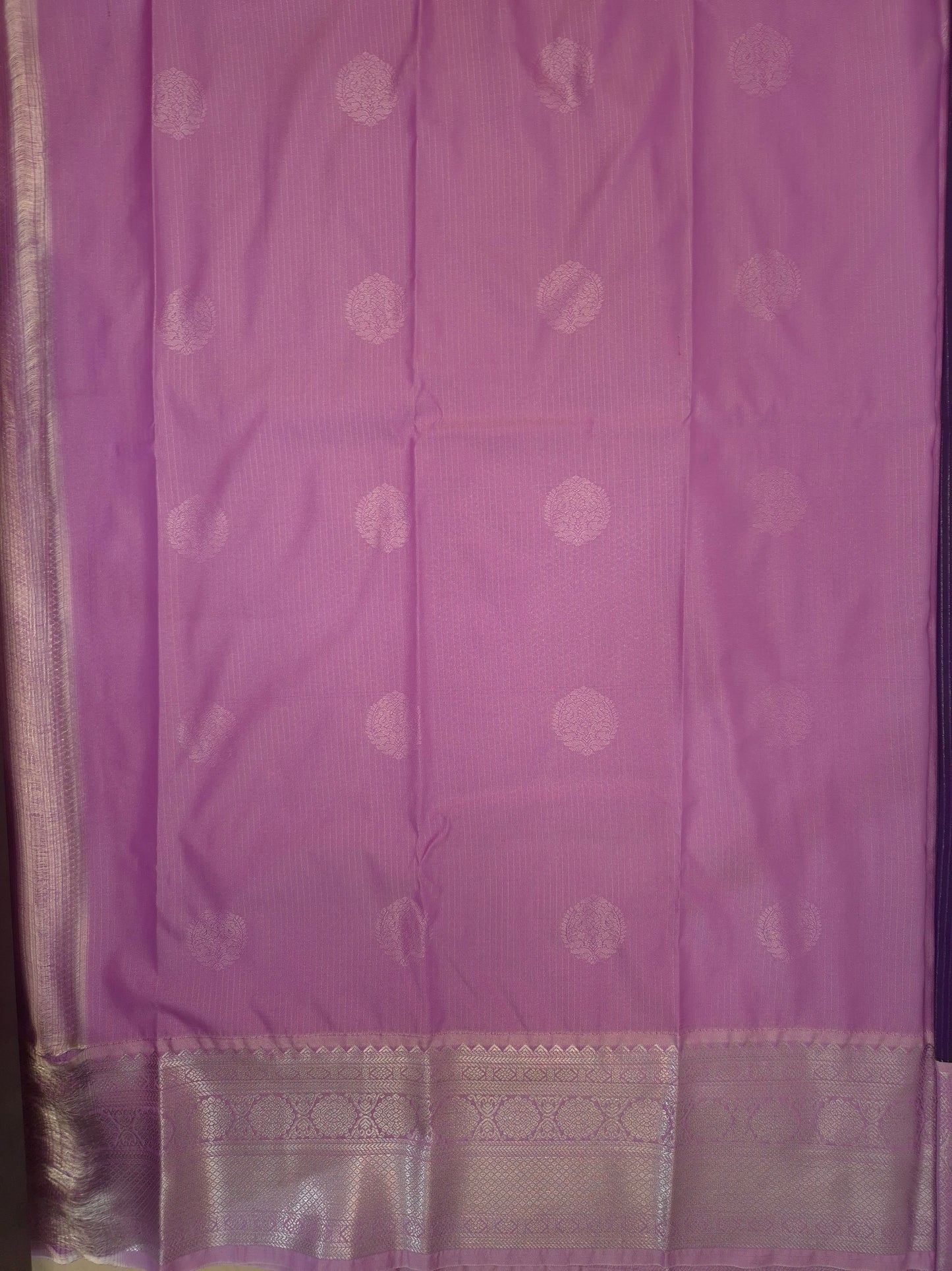 Dark Purple Kanchipuram Semi Silk Saree with allover Silver Zari with Lilac Border