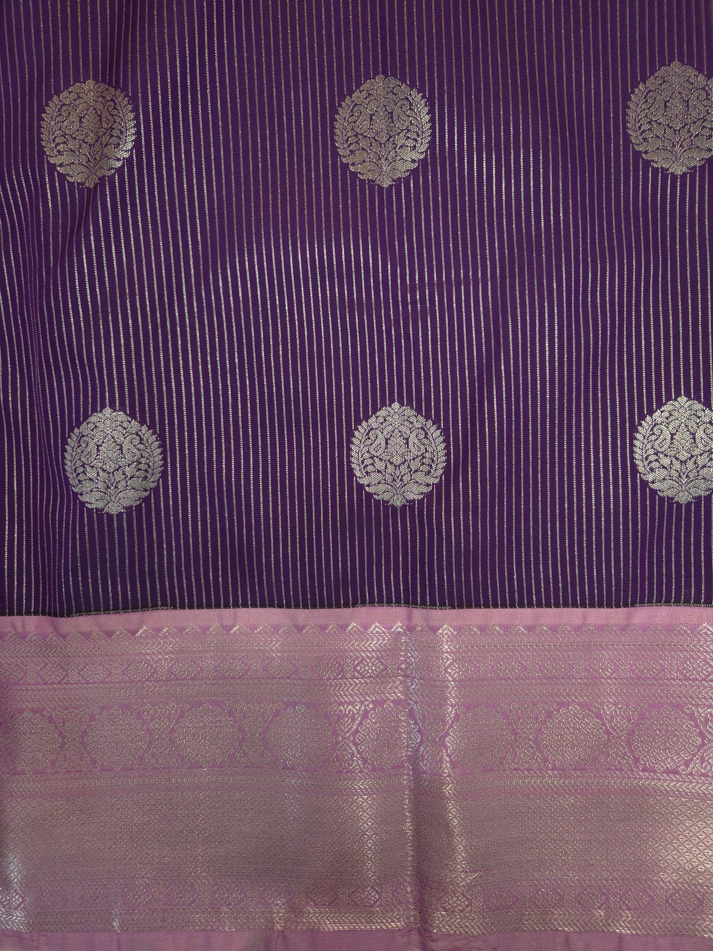 Dark Purple Kanchipuram Semi Silk Saree with allover Silver Zari with Lilac Border