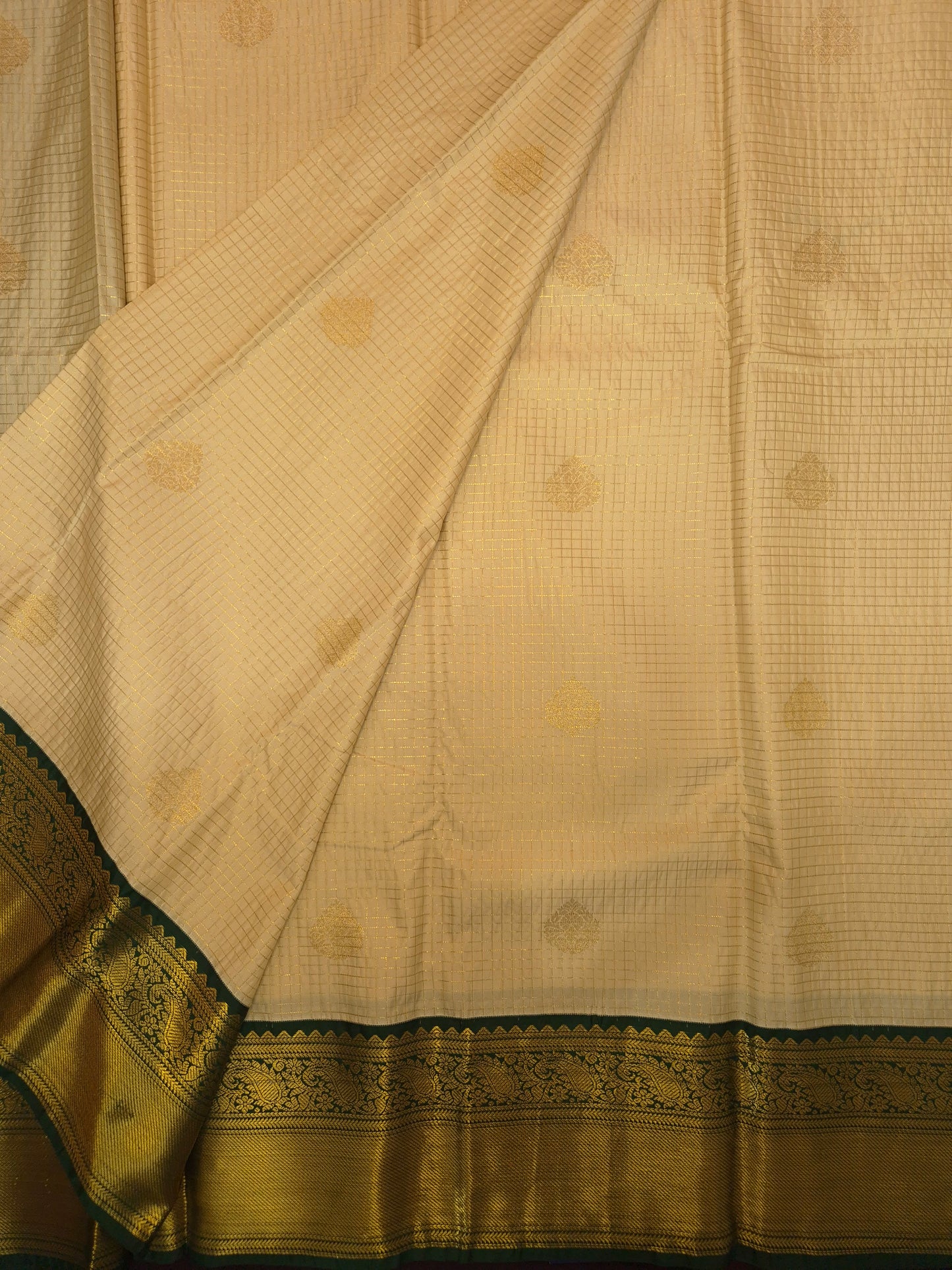 Beige Checkered Kanchipuram Semi Silk Saree with Dark Green Border