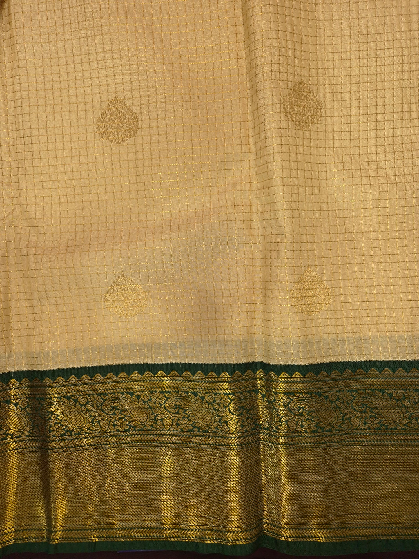 Beige Checkered Kanchipuram Semi Silk Saree with Dark Green Border