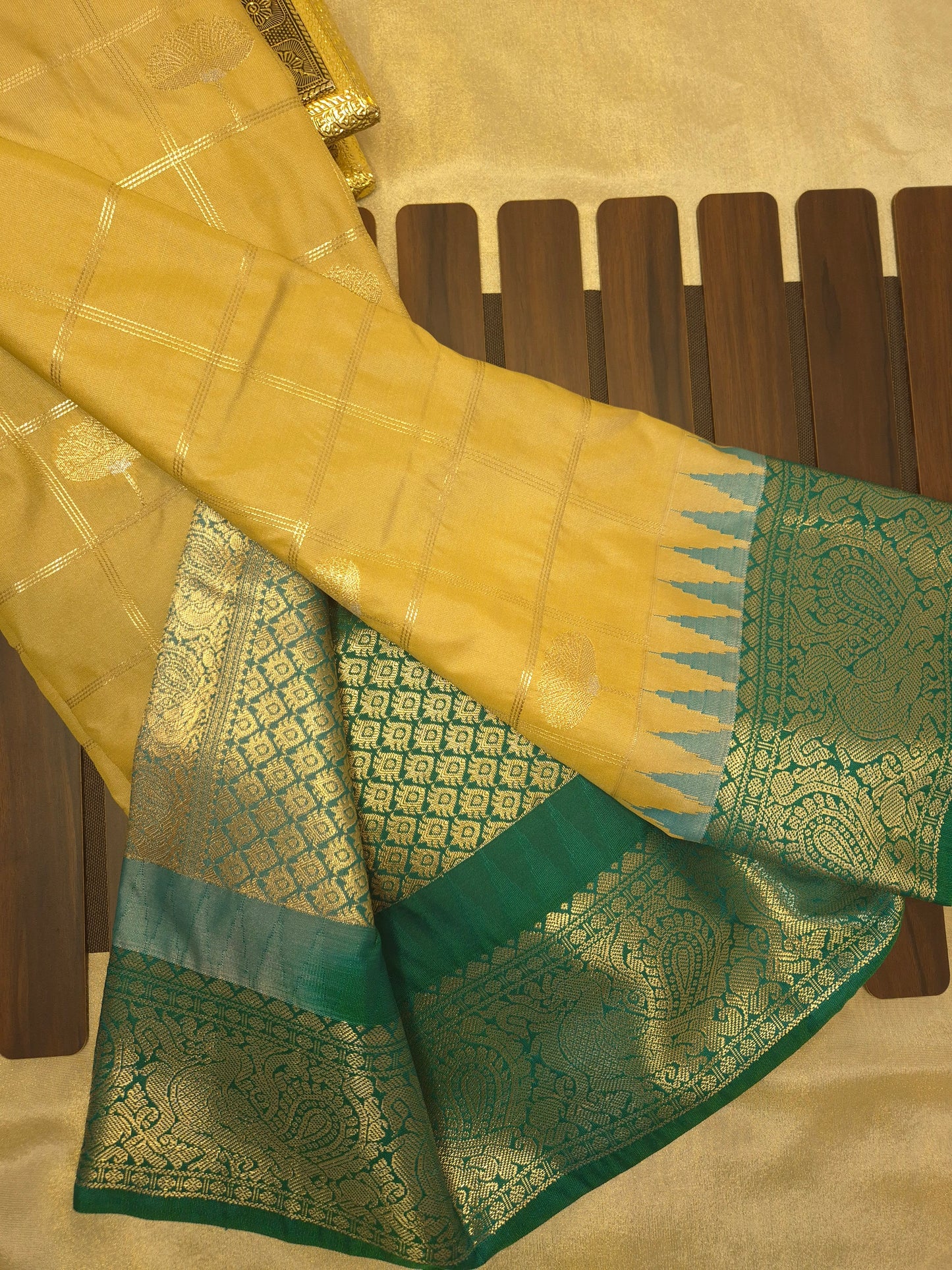 Beige Checkered Kanchipuram Semi Silk Saree with Peacock Green Border