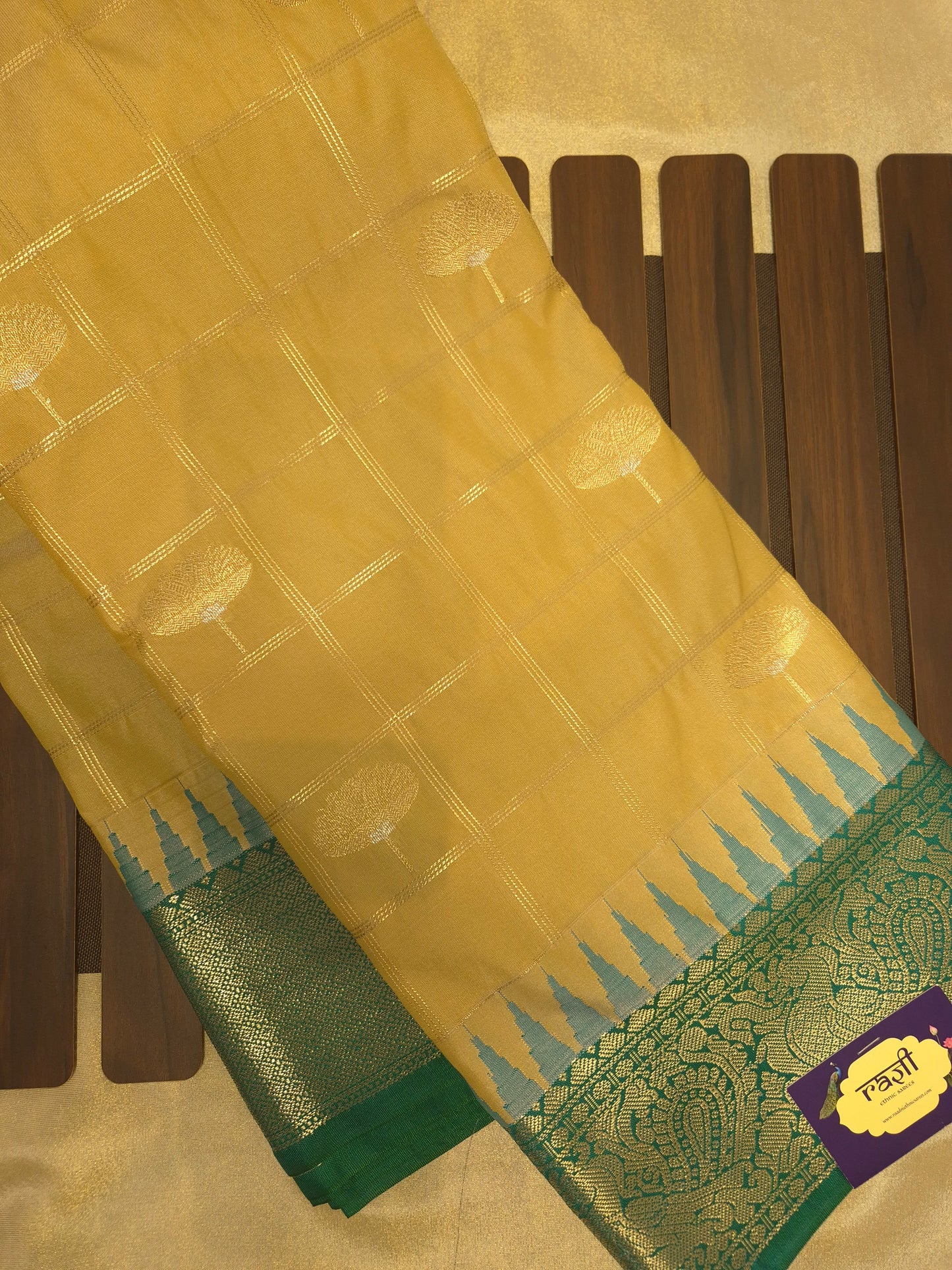 Beige Checkered Kanchipuram Semi Silk Saree with Peacock Green Border