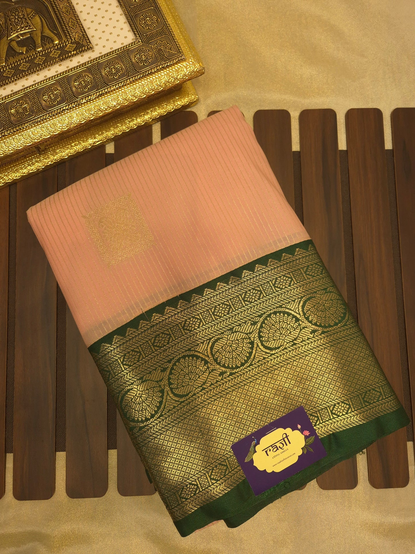 Light Pink Kanchipuram Semi Silk Saree with Dark Green Border