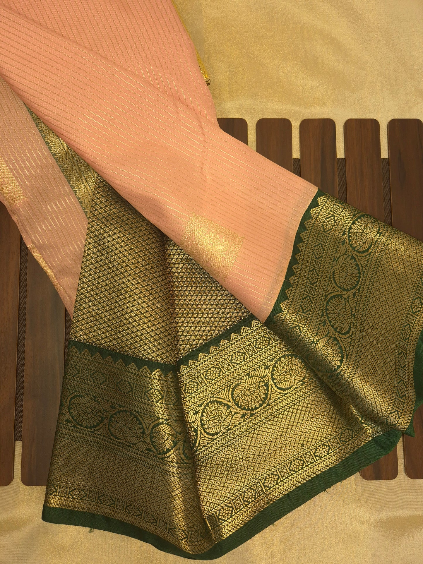 Light Pink Kanchipuram Semi Silk Saree with Dark Green Border