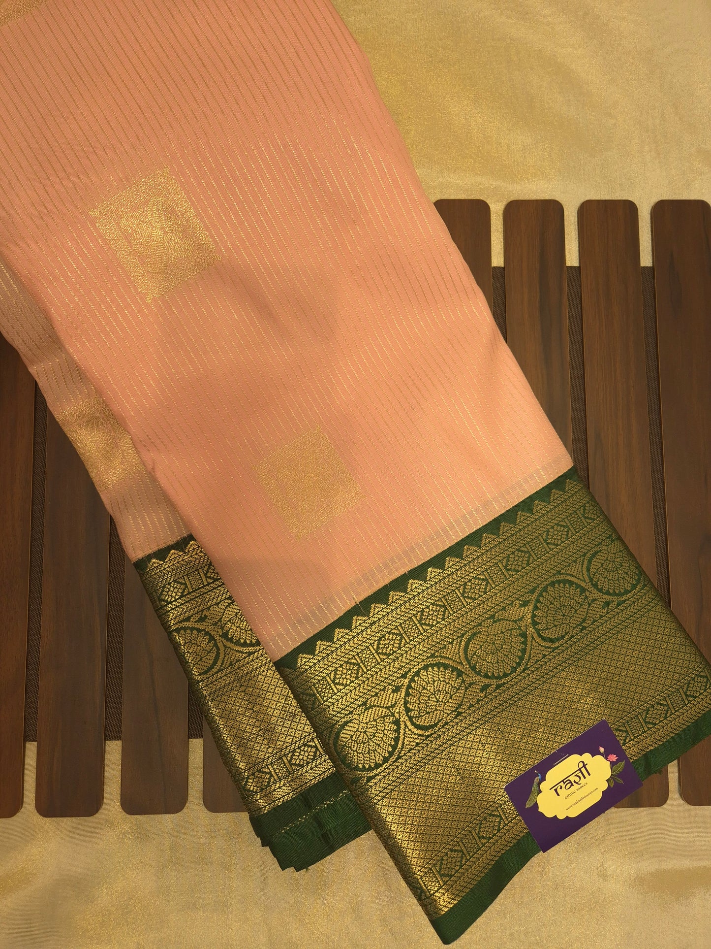 Light Pink Kanchipuram Semi Silk Saree with Dark Green Border