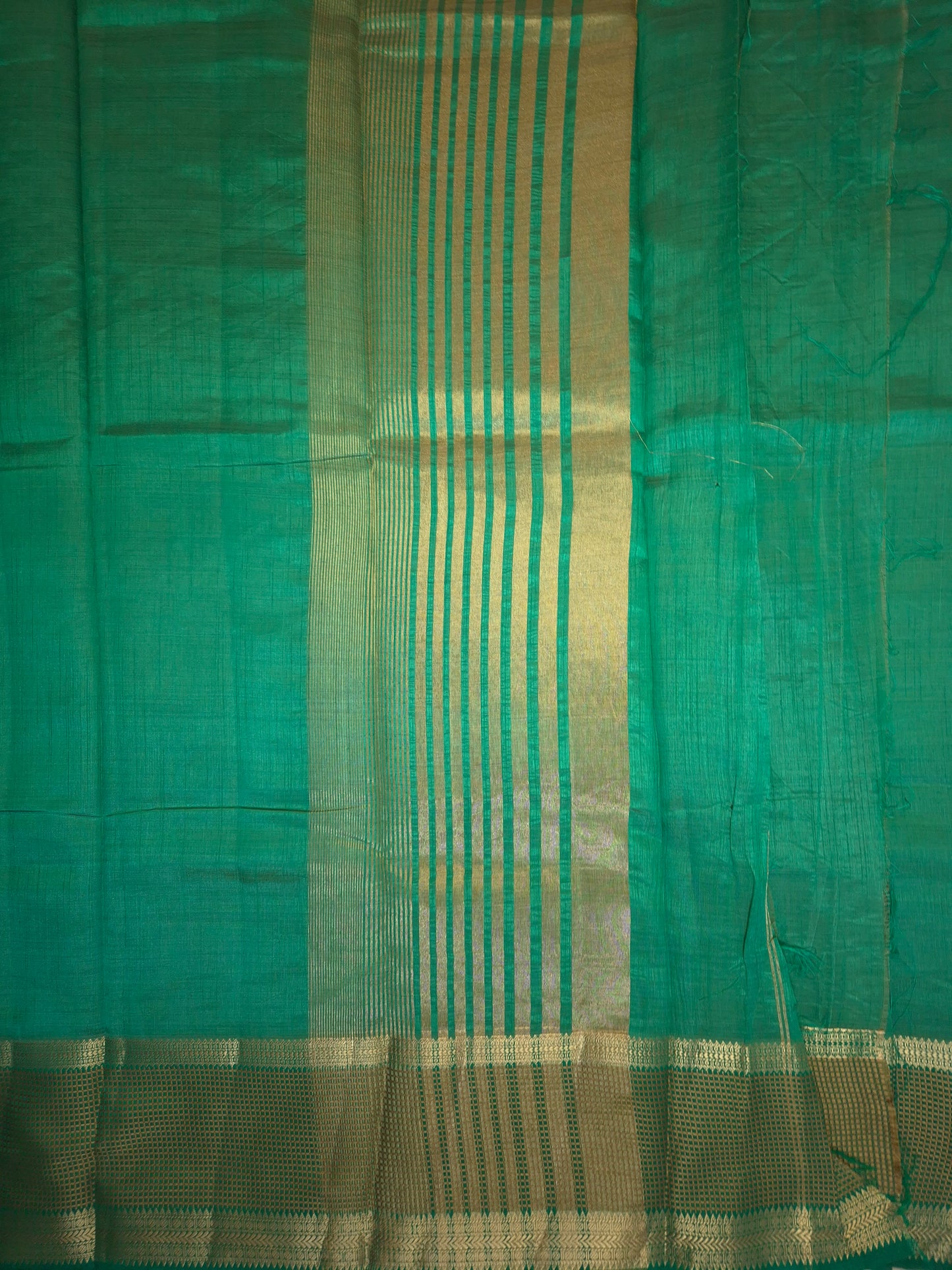 Leaf Green Raw Silk Saree with Checkered Golden Border