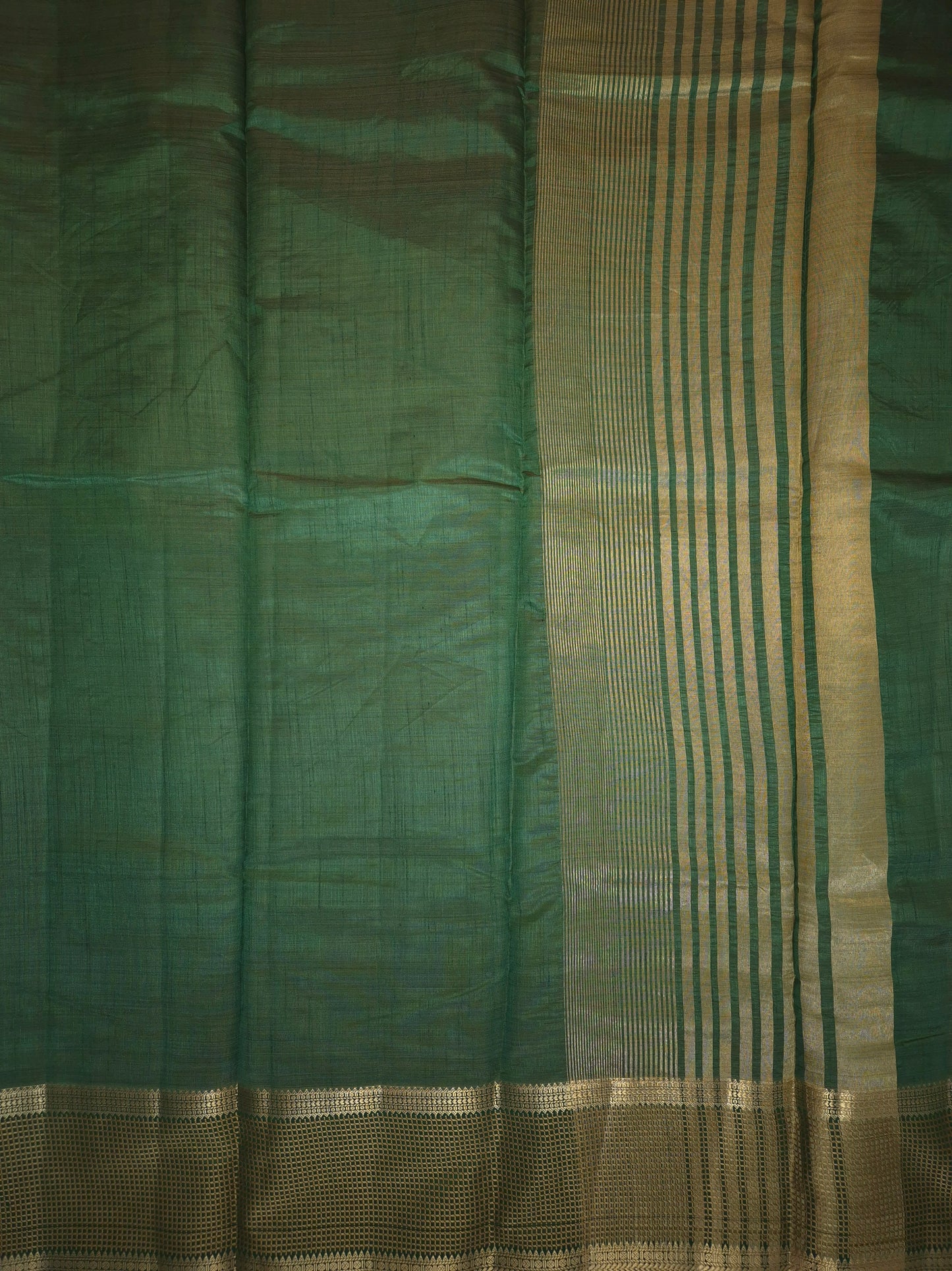 Dark Green Raw Silk Saree with Checkered Golden Border
