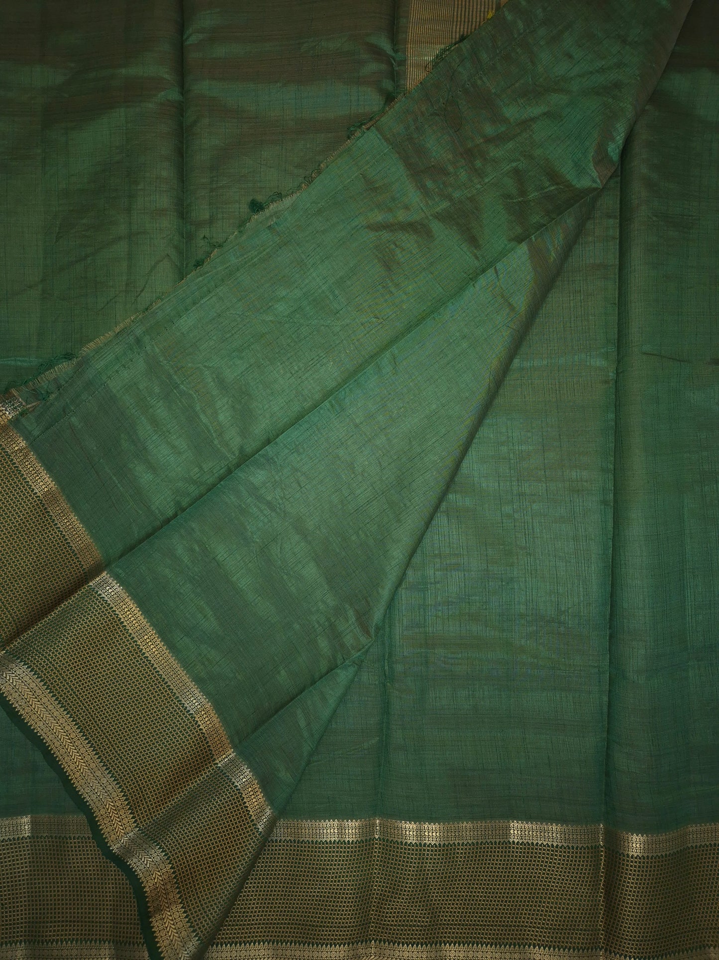 Dark Green Raw Silk Saree with Checkered Golden Border