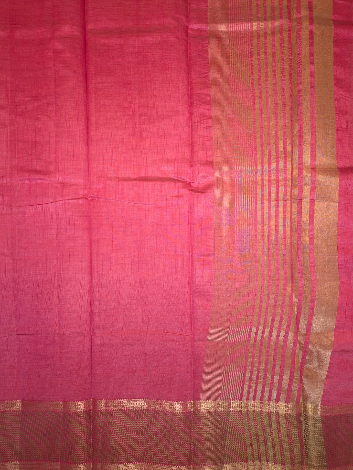 Tomato Pink Raw Silk Saree with Checkered Golden Border