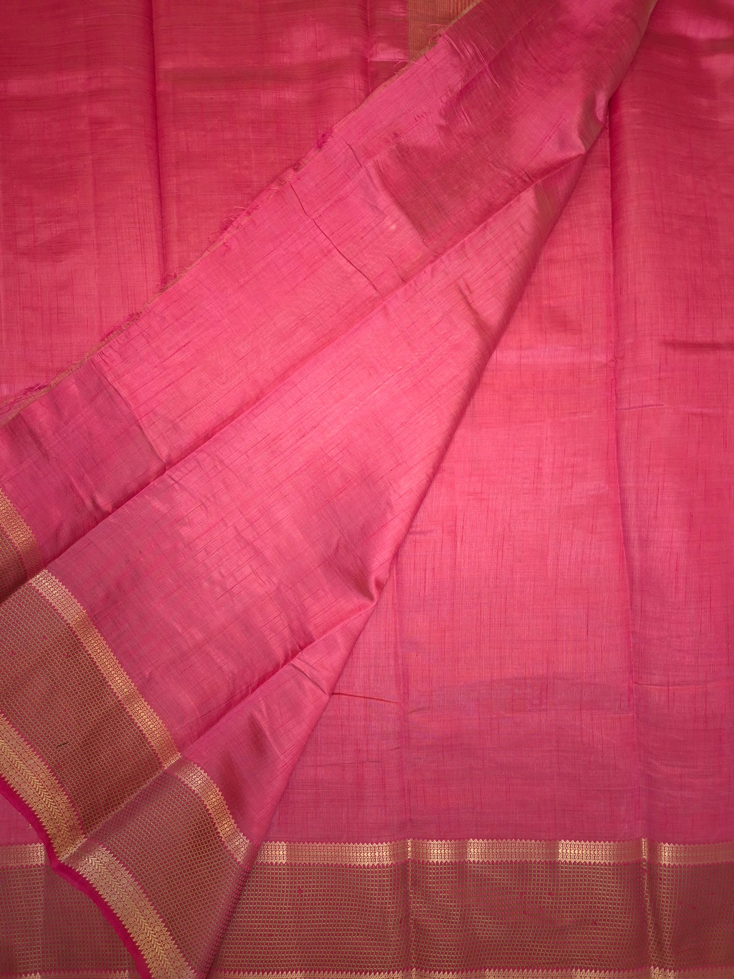 Tomato Pink Raw Silk Saree with Checkered Golden Border