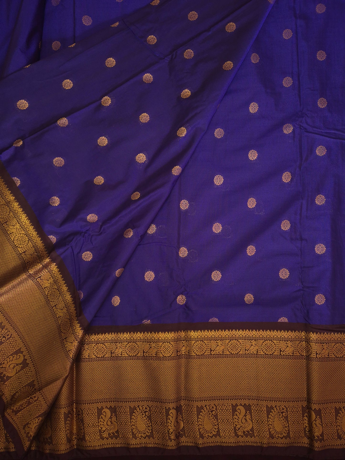 Royal Blue Gadwal Silk Saree with all-over Golden Buttas and Intricate Design on Dark Wine Border