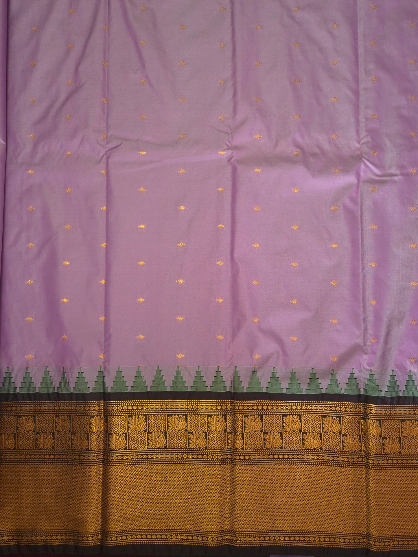 Lilac Gadwal Silk Saree with all-over Golden Buttas and Intricate Design on Black Border