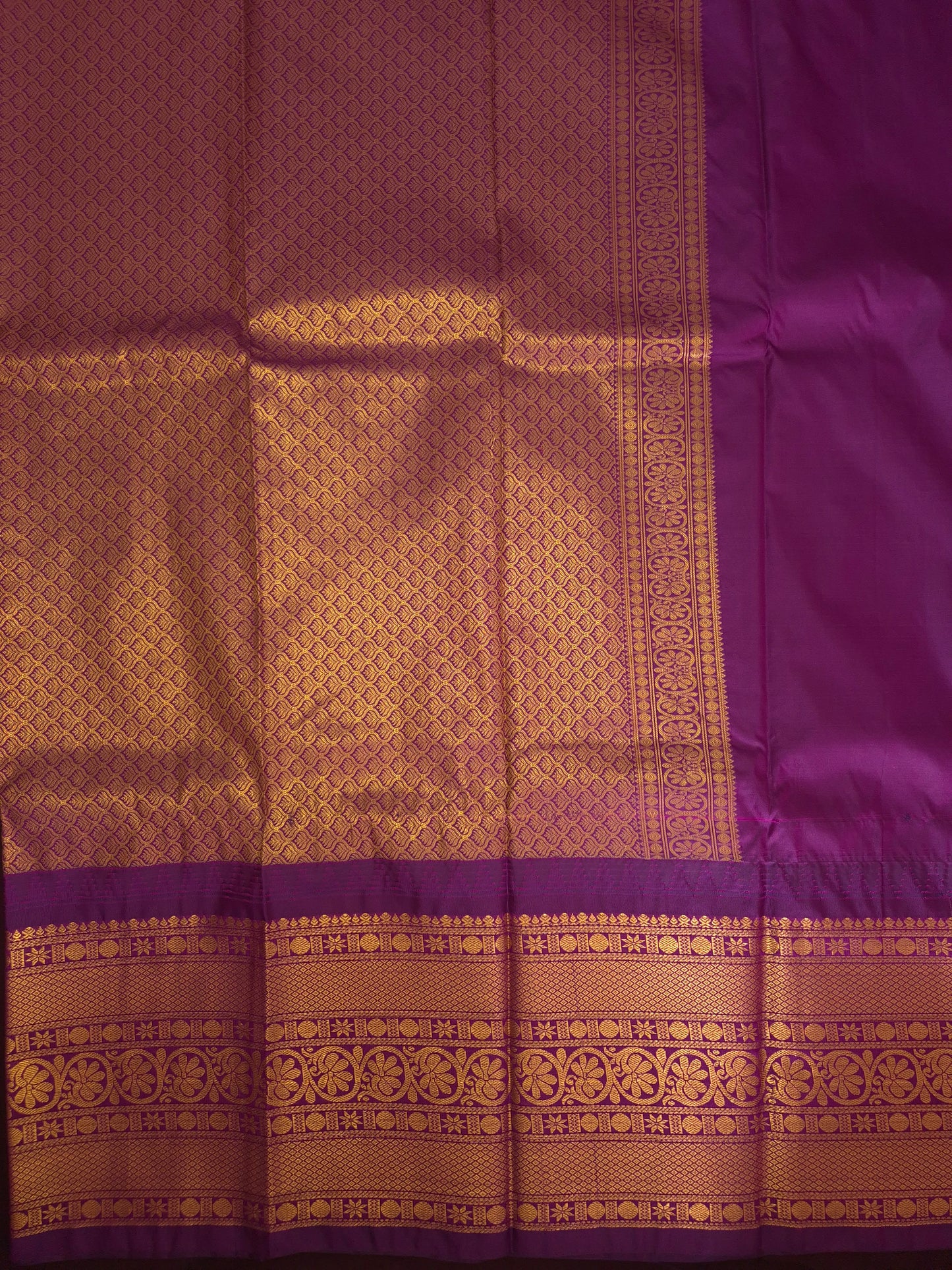 Neon Pink Gadwal Silk Saree with all-over Golden Buttas and Intricate Design on Purple Border