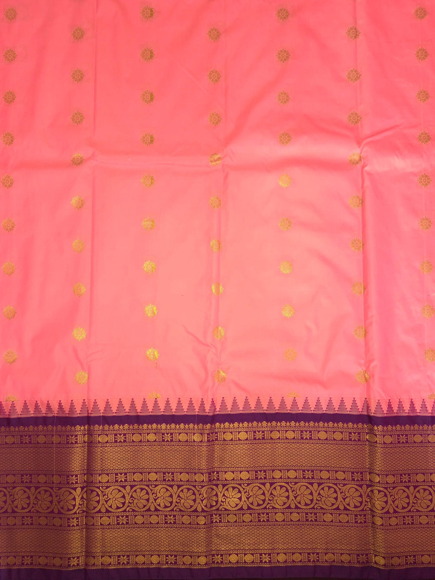 Neon Pink Gadwal Silk Saree with all-over Golden Buttas and Intricate Design on Purple Border
