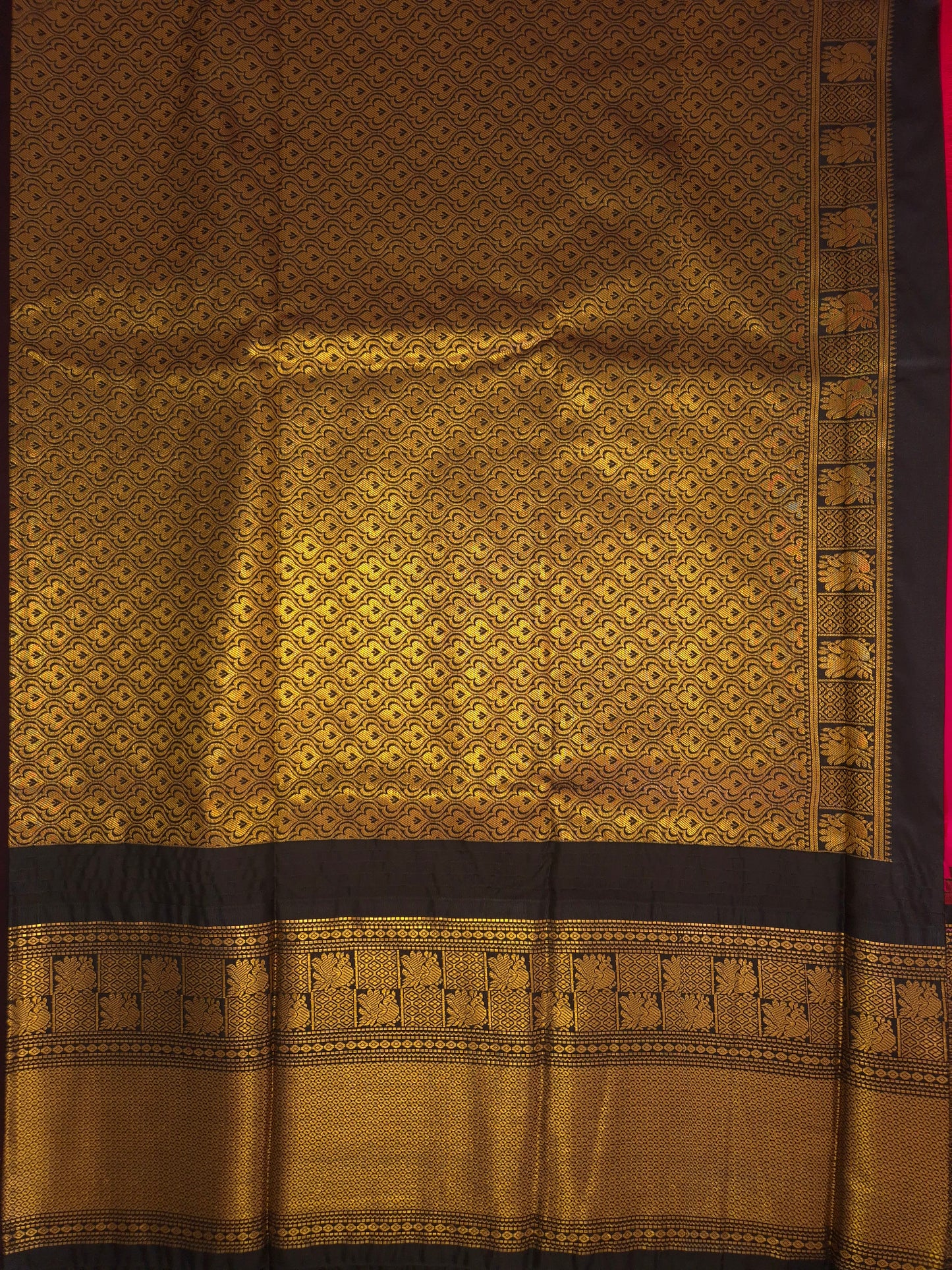 Rani Pink Gadwal Silk Saree with all-over Golden Buttas and Intricate Design on Black Border