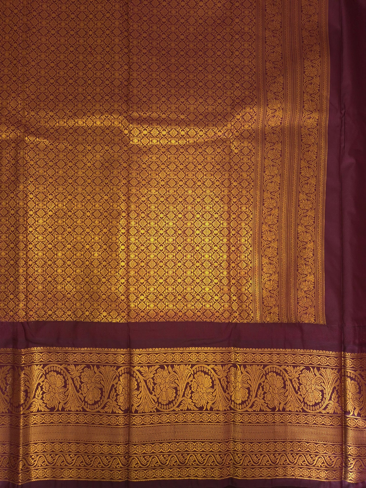 Light Green Gadwal Silk Saree with all-over Golden Buttas and Intricate Design on Wine Colour Border