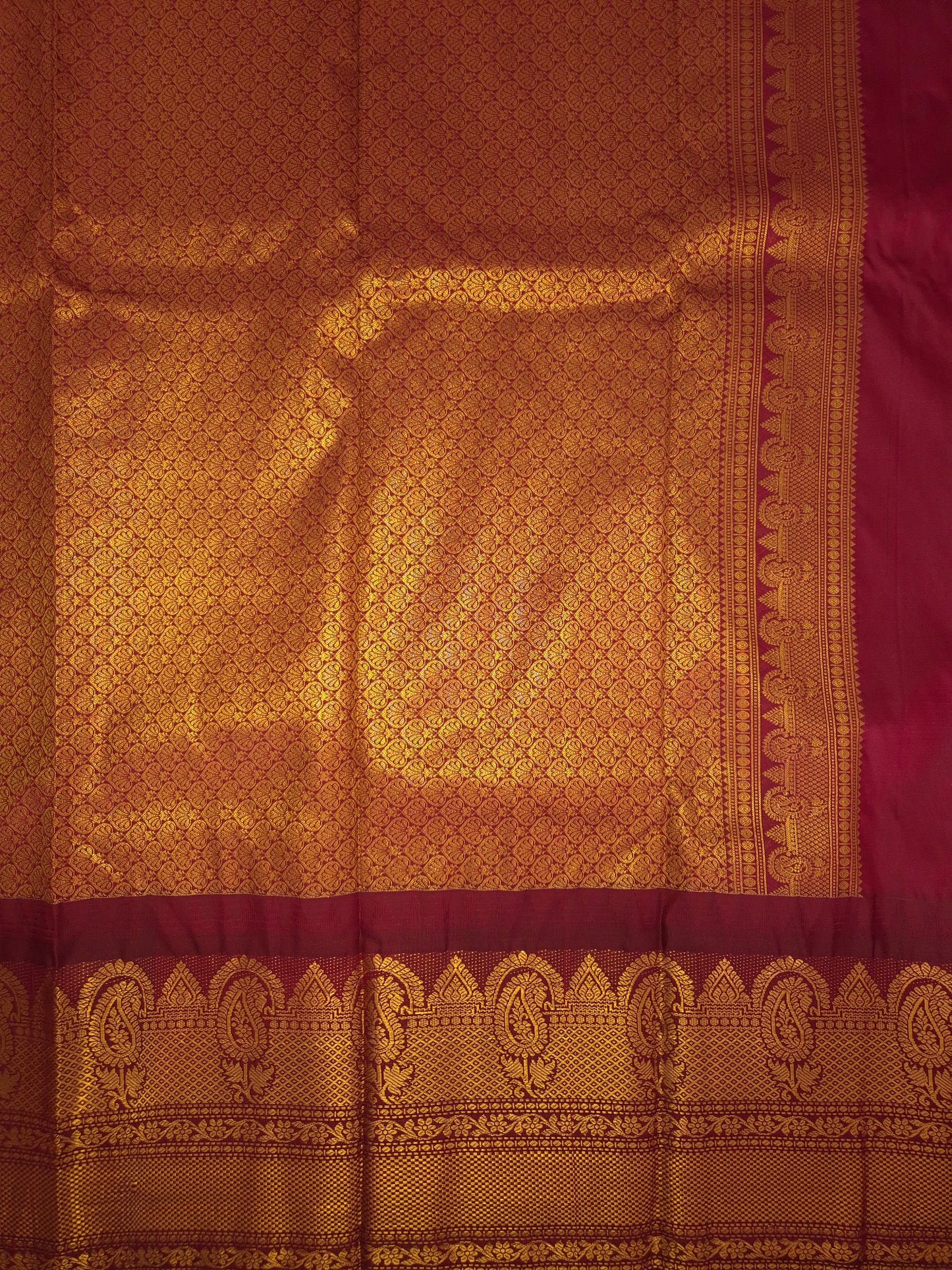 Brass Yellow Gadwal Silk Saree with all-over Golden Buttas and Intricate Design on Wine Colour Border