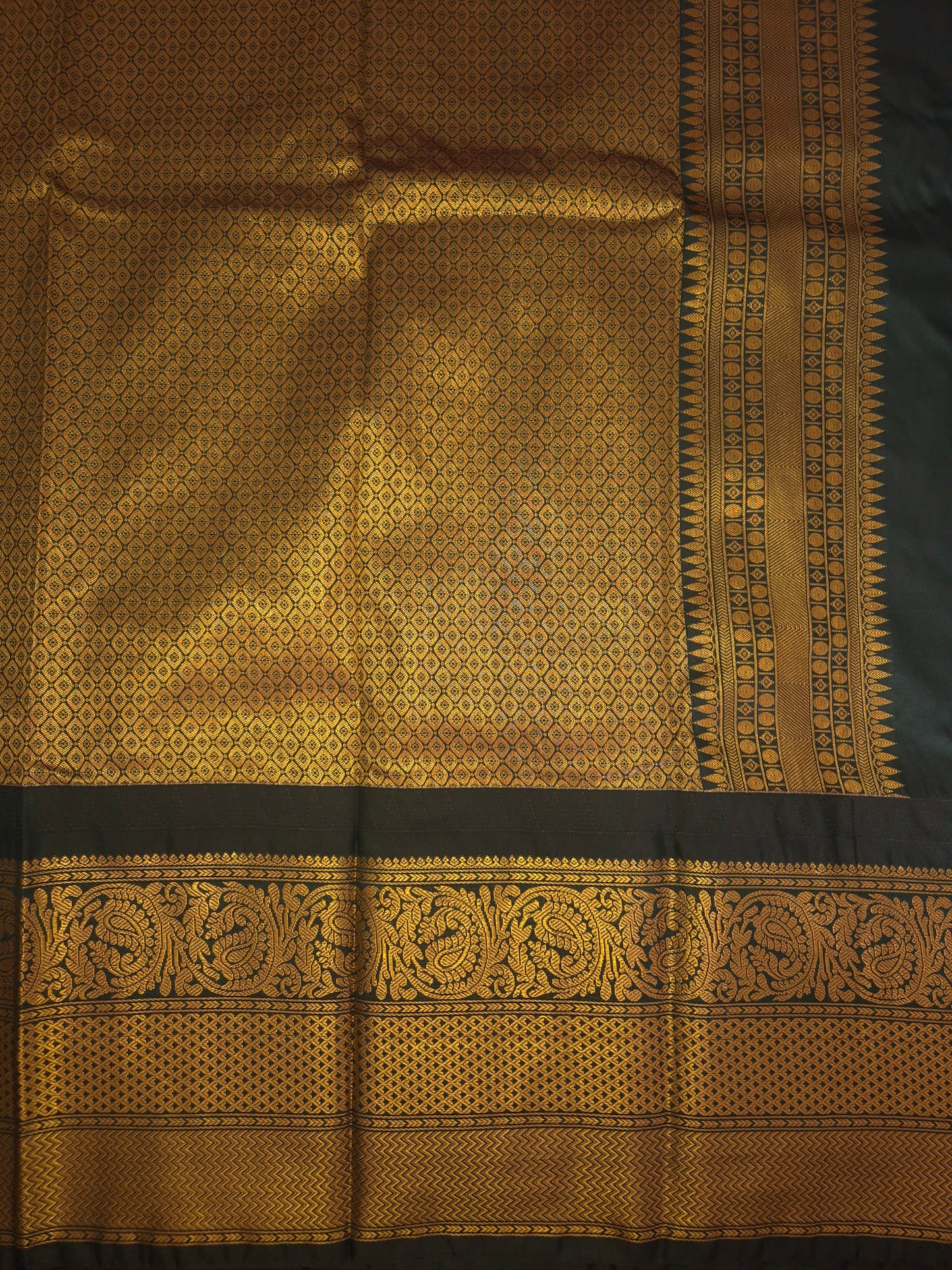 Mehendi Green Gadwal Silk Saree with all-over Golden Buttas and Intricate Design on Dark Green Border