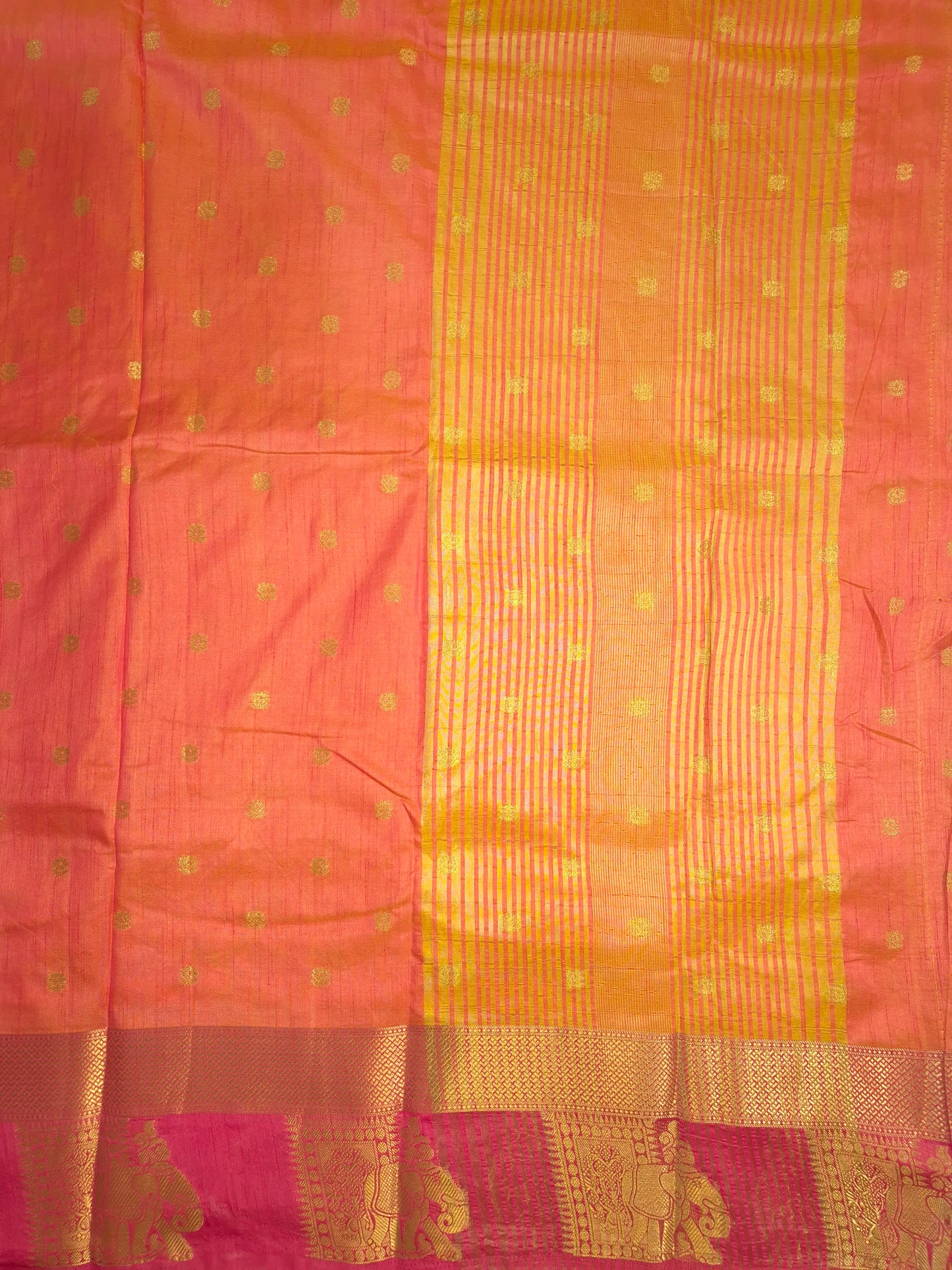 Dual Shade of Orange and Pink Raw Silk Saree with Pink Border and Elephant Motifs