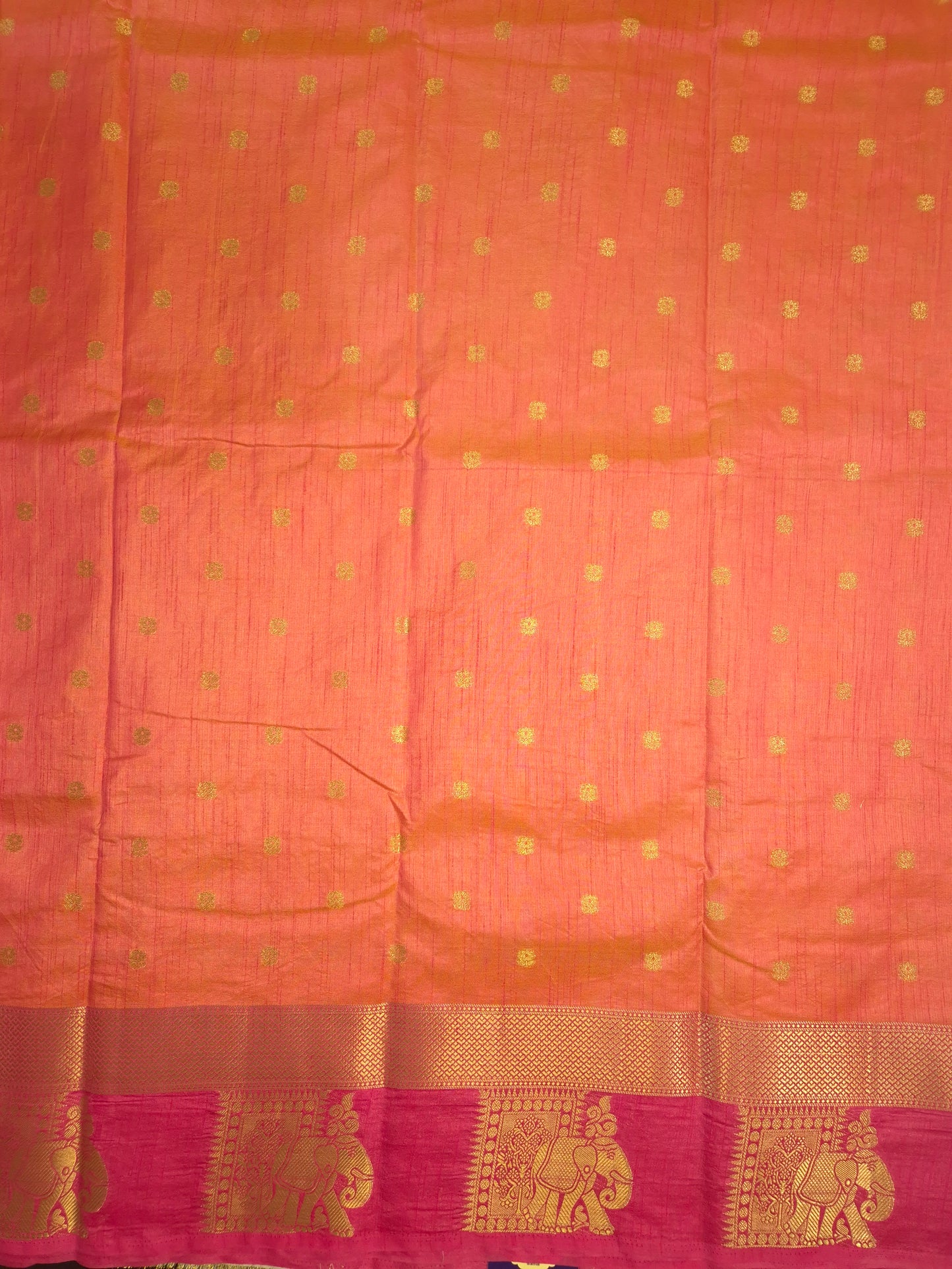 Dual Shade of Orange and Pink Raw Silk Saree with Pink Border and Elephant Motifs