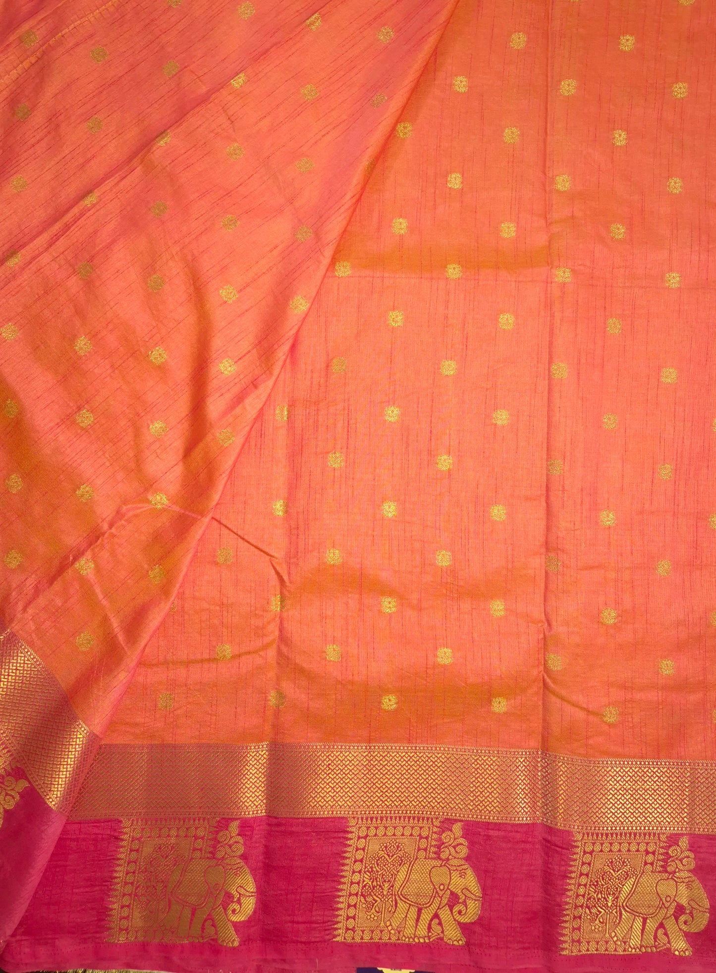 Dual Shade of Orange and Pink Raw Silk Saree with Pink Border and Elephant Motifs