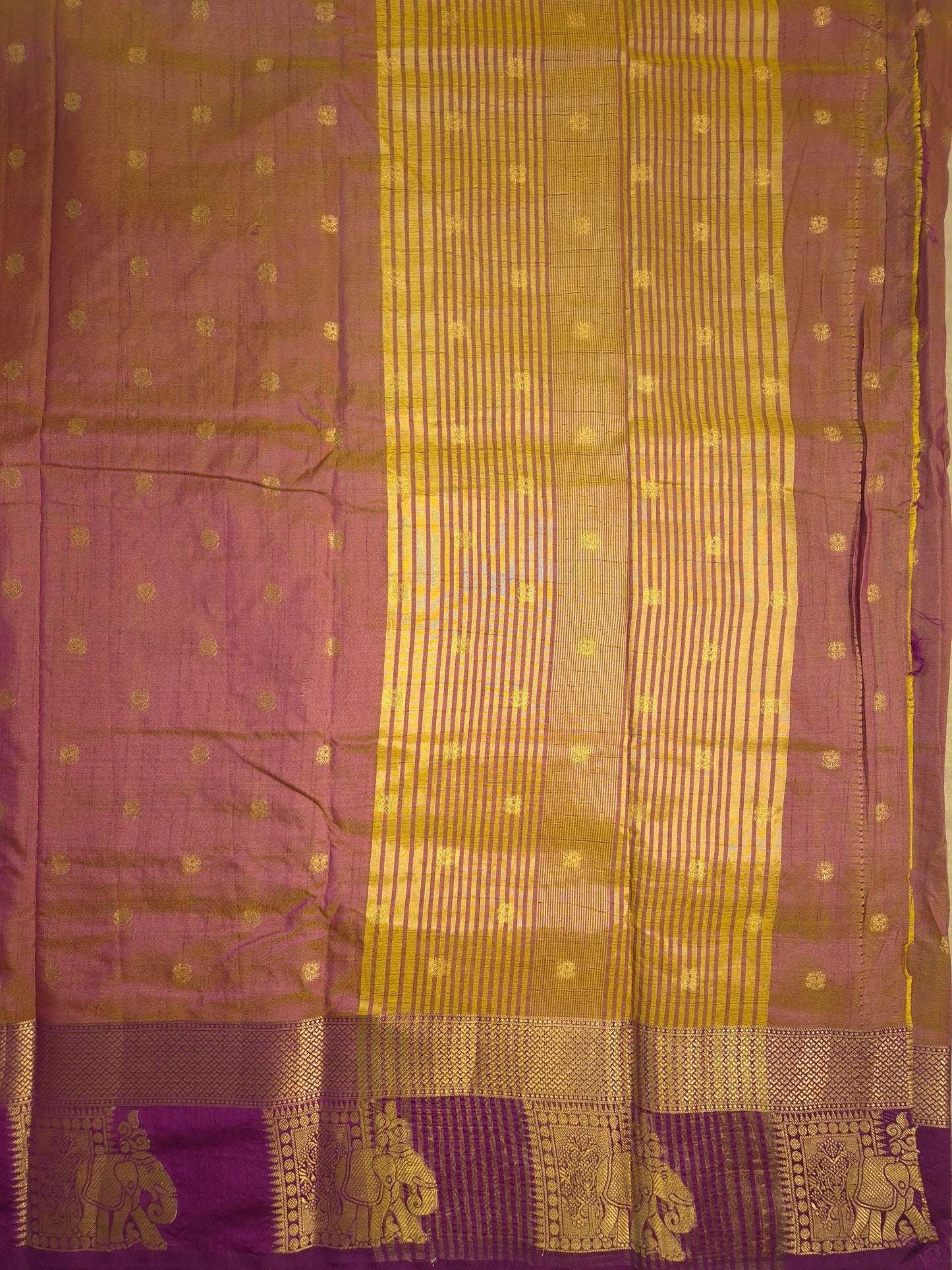 Dual Shade of Purple and Golden Raw Silk Saree with Purple Border and Elephant Motifs