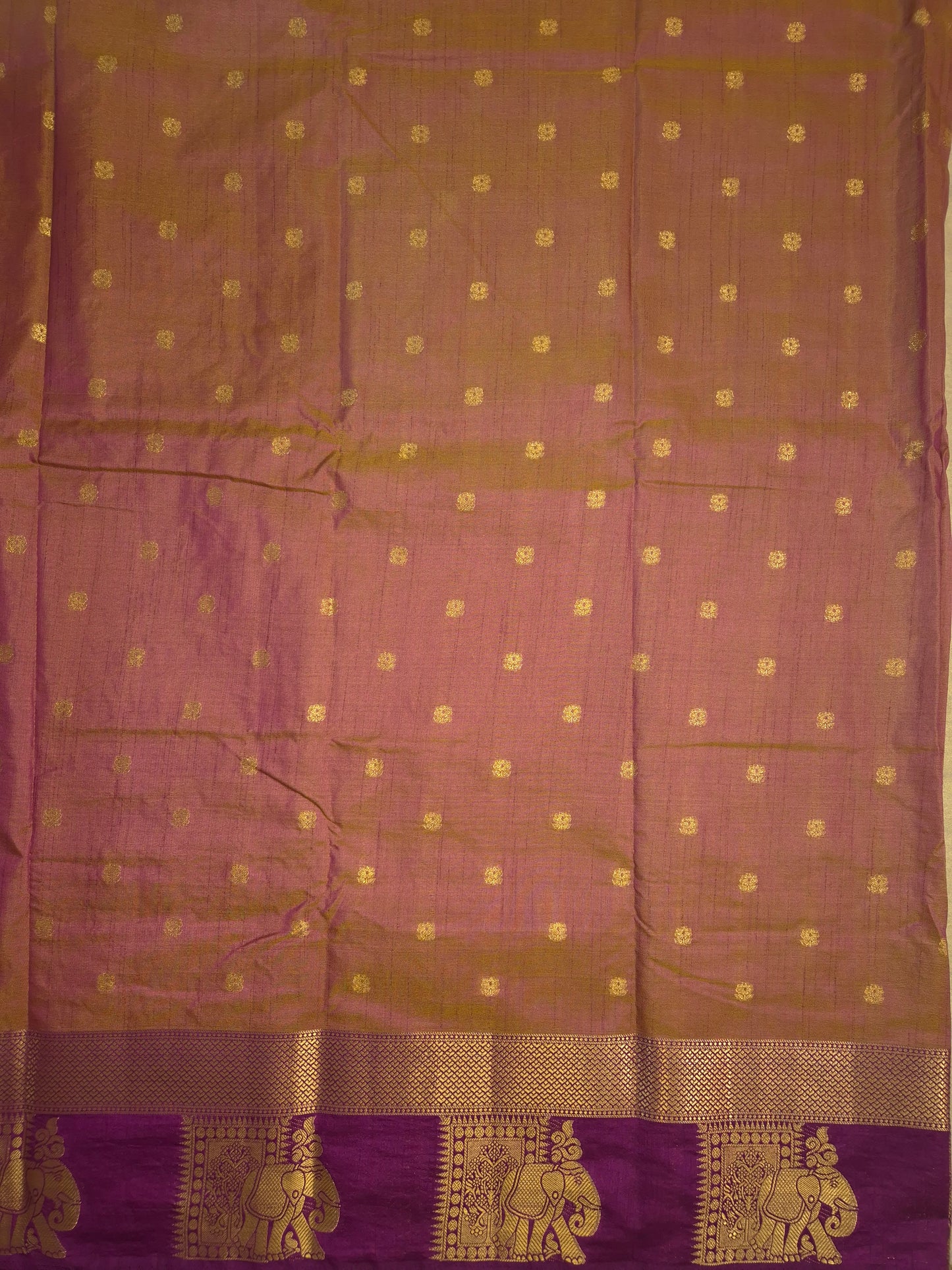 Dual Shade of Purple and Golden Raw Silk Saree with Purple Border and Elephant Motifs