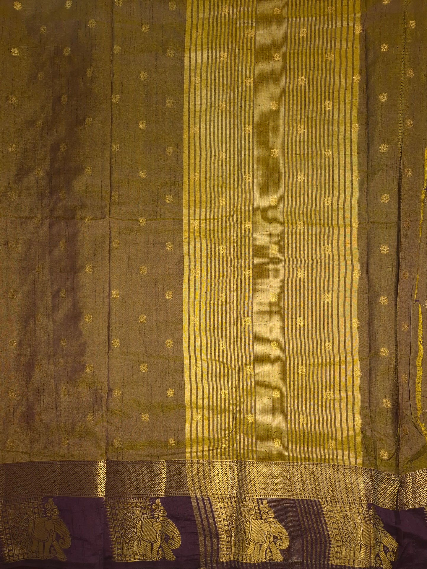Dual Shade of Wine and Golden Raw Silk Saree with Wine Border and Elephant Motifs