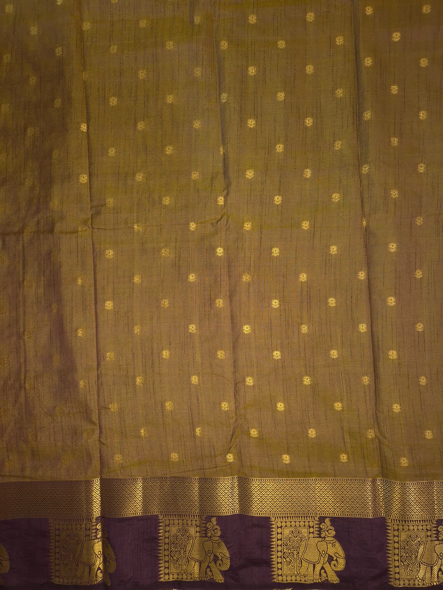 Dual Shade of Wine and Golden Raw Silk Saree with Wine Border and Elephant Motifs