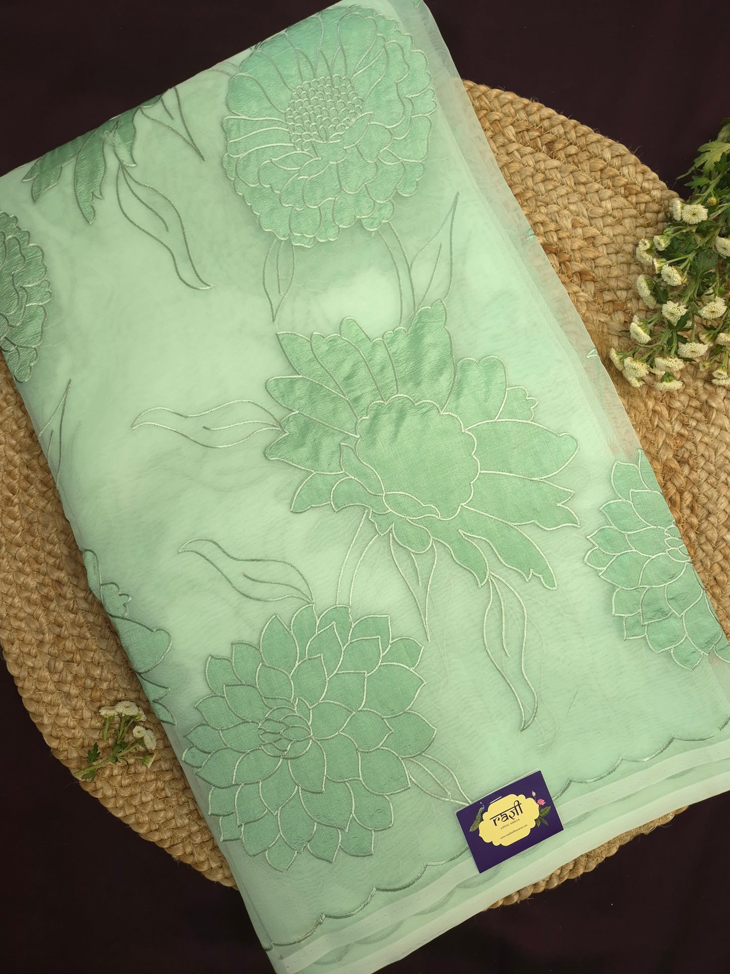 Pastel Mint Organza Applique Saree