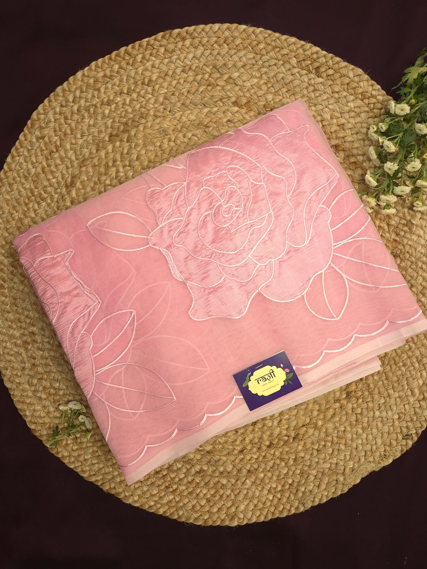 Pastel Pink Organza Applique Saree