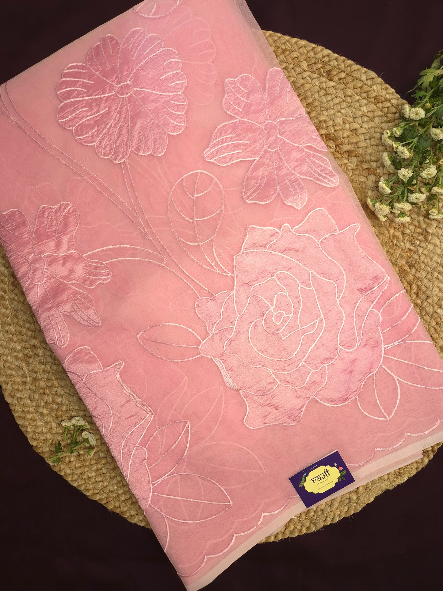 Pastel Pink Organza Applique Saree