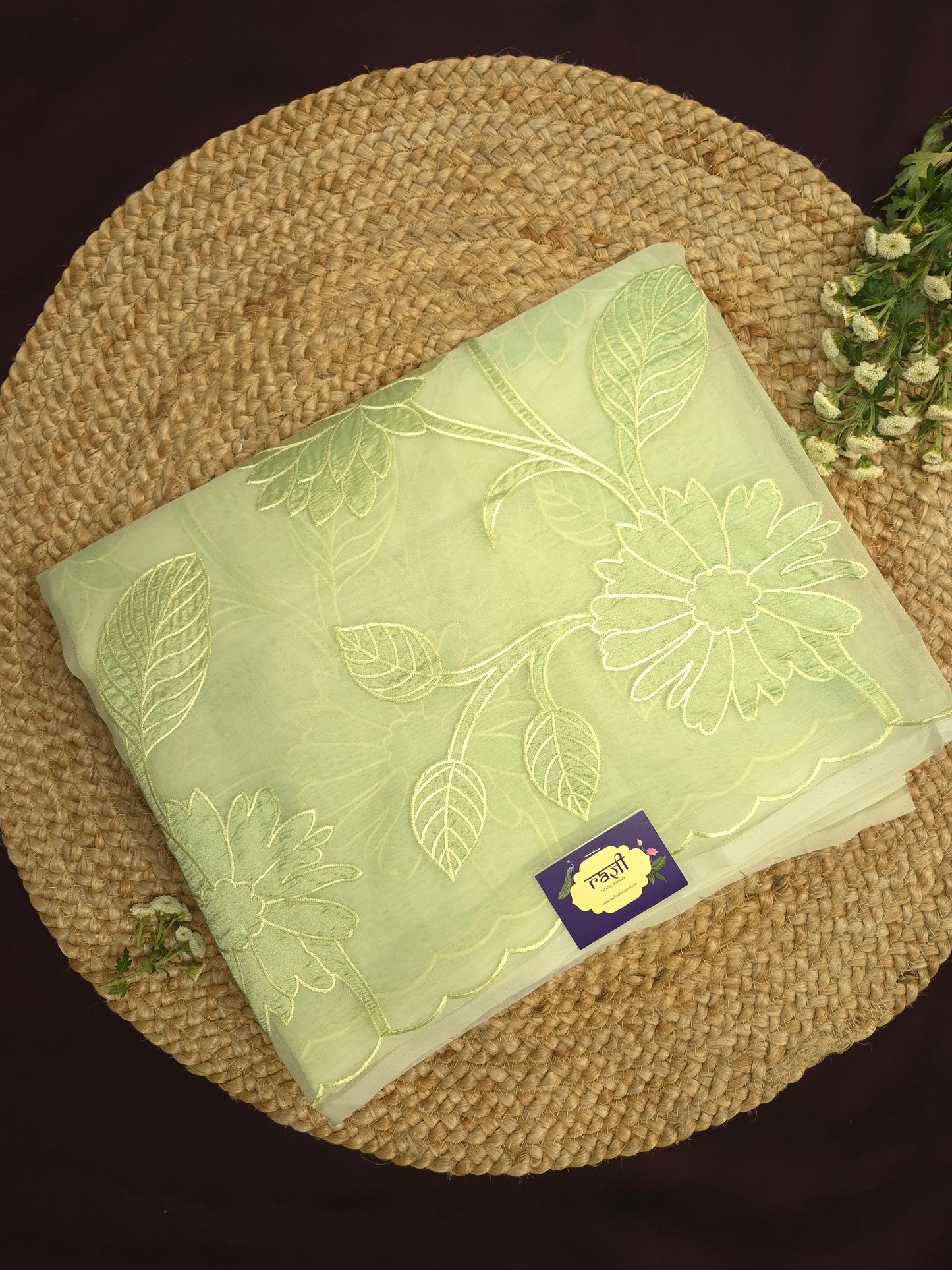 Pastel Green Organza Applique Saree