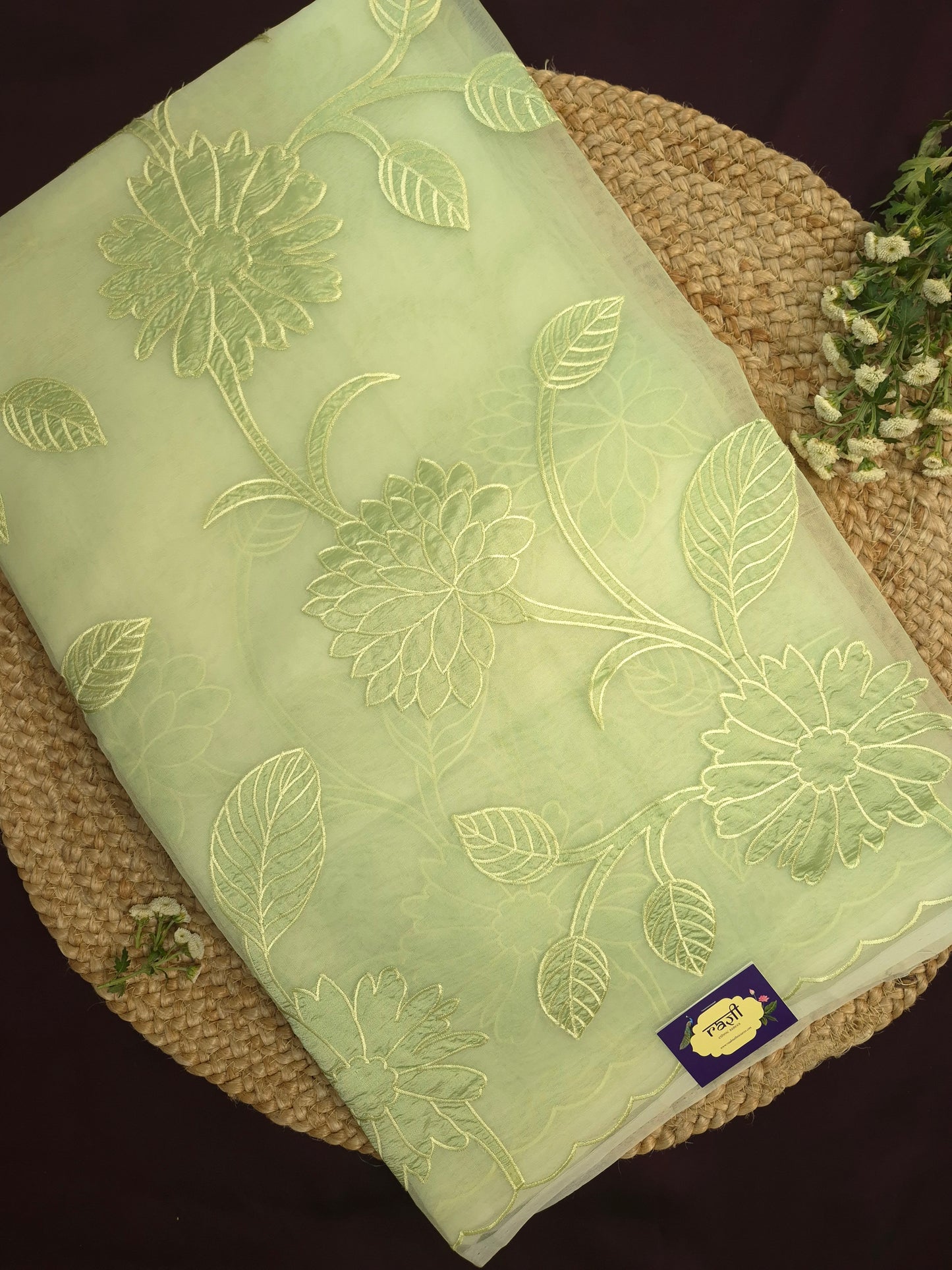 Pastel Green Organza Applique Saree
