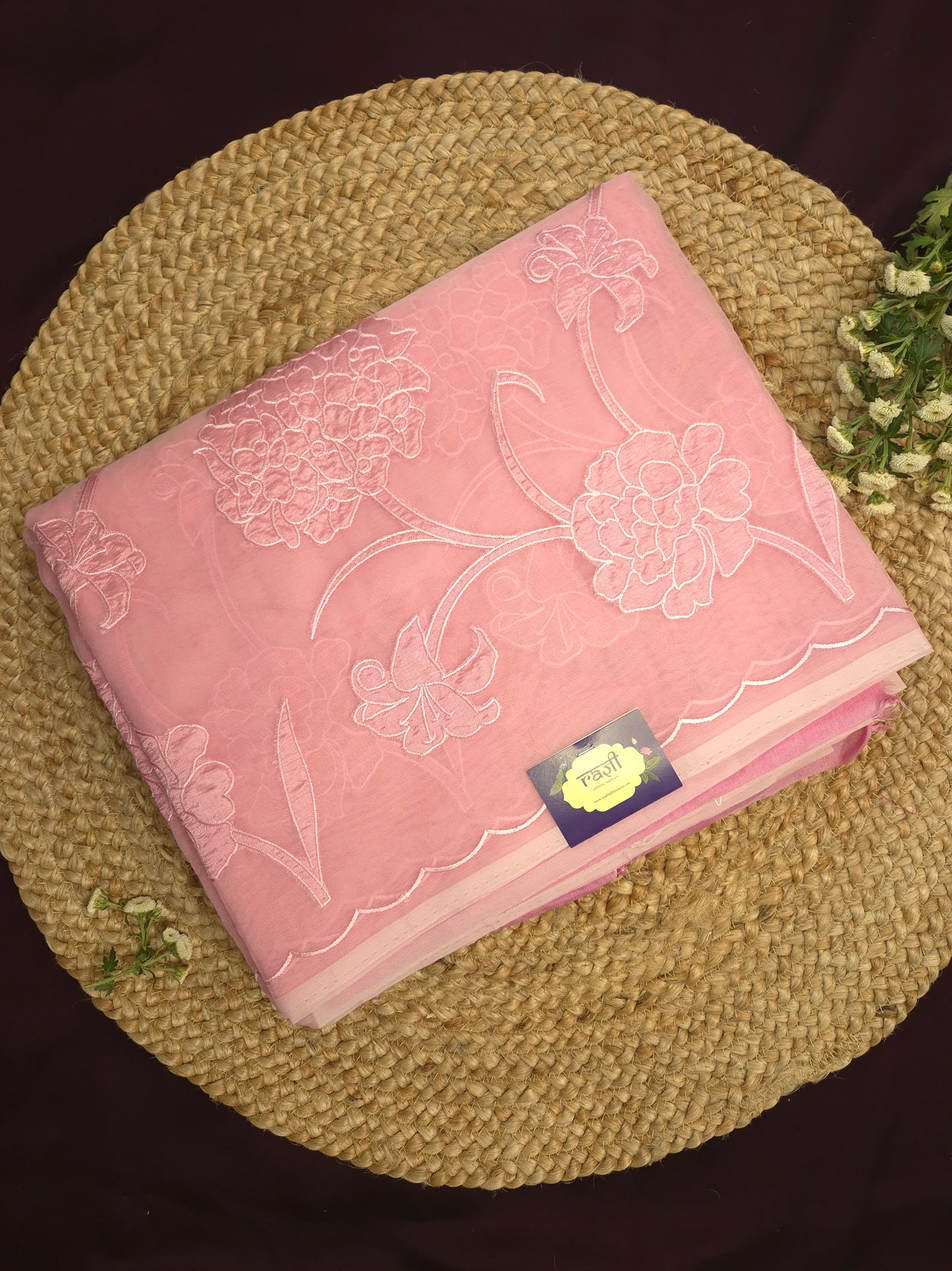 Pastel Pink Organza Applique Saree