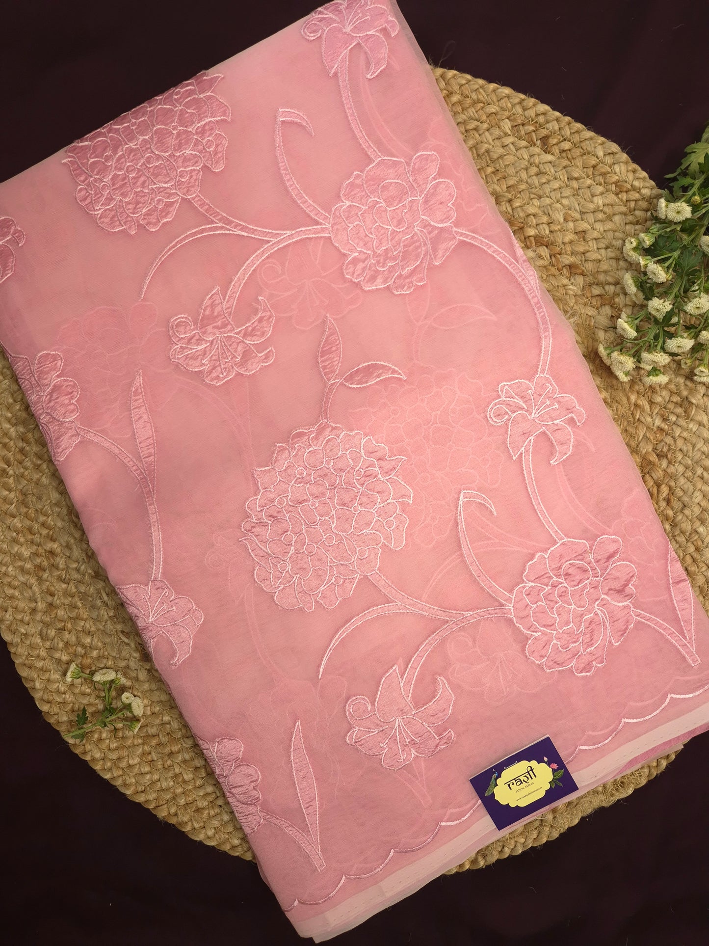 Pastel Pink Organza Applique Saree