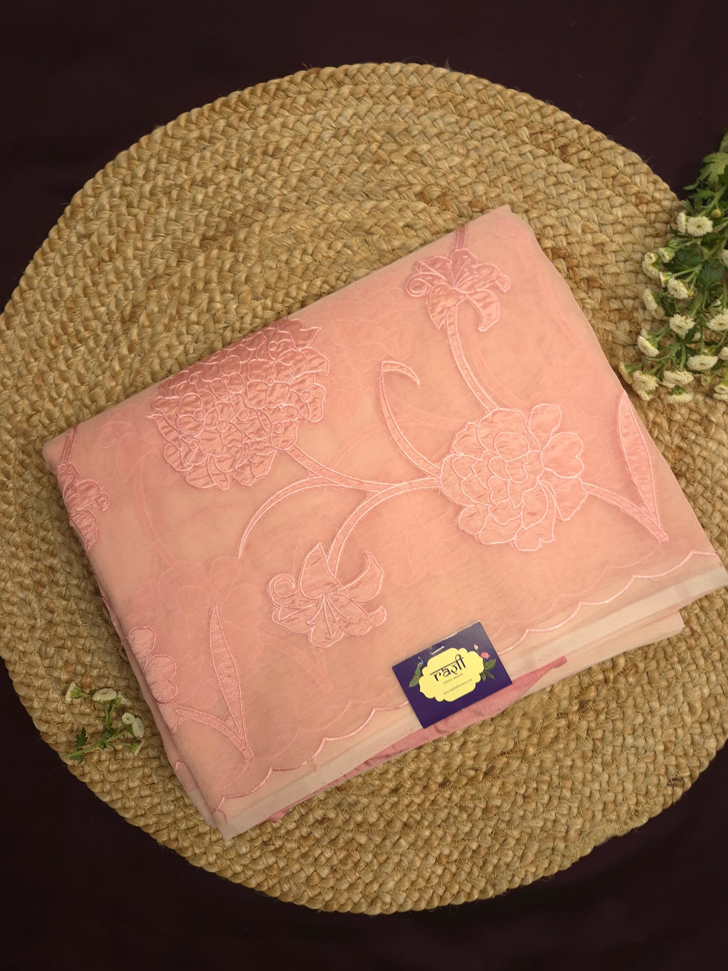 Pastel Peach Organza Applique Saree