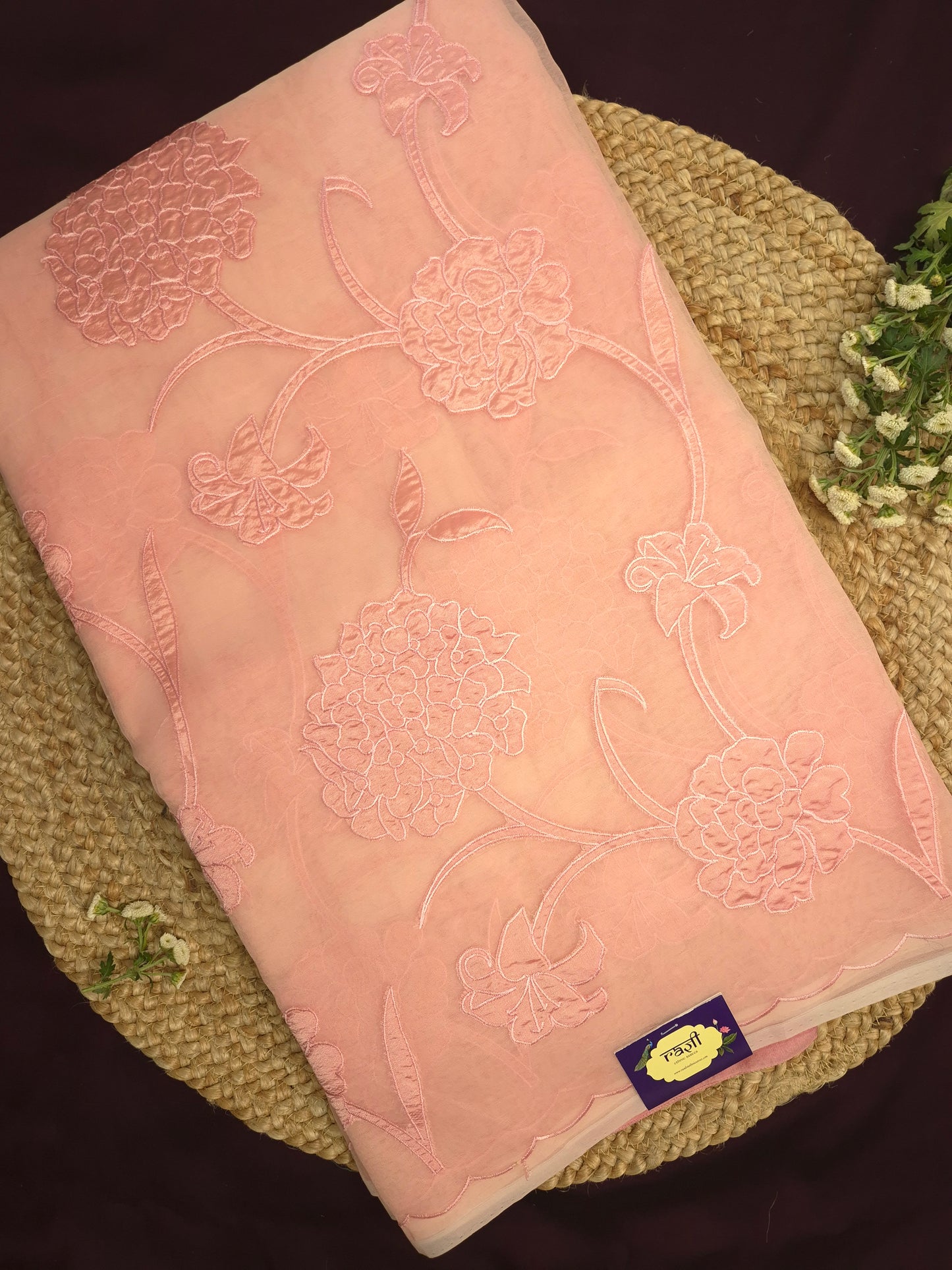 Pastel Peach Organza Applique Saree