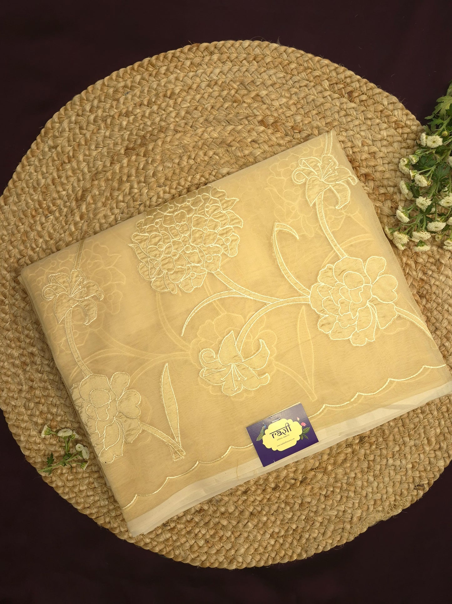 Pastel Golden Organza Applique Saree